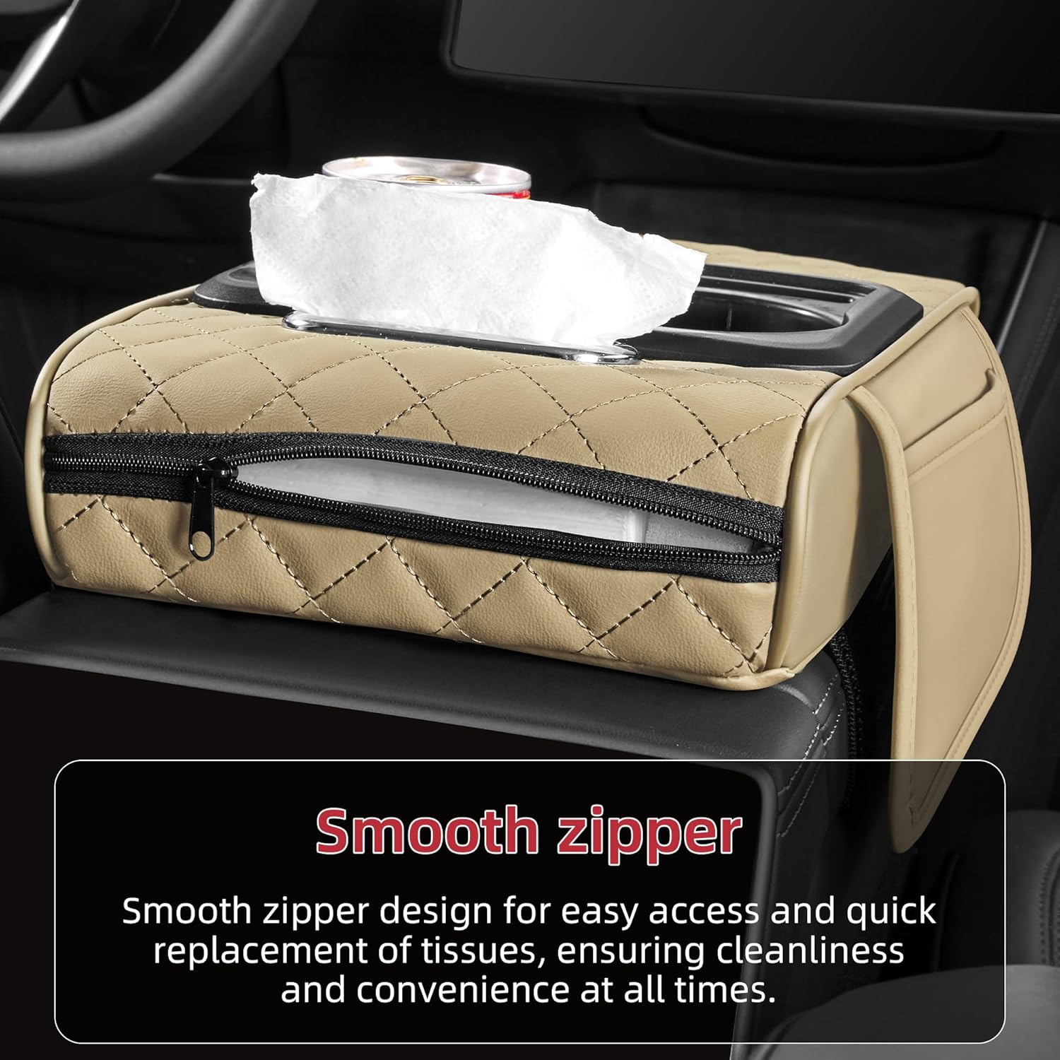 5 in 1 Car Center Console Cover, Armrest Pad with 2 Storage Pockets, Cup Holder, Tissue Box Slot, Phone Holder, Universal Car Interior Organizer (Beige)