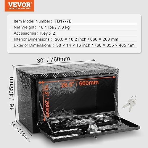 Miniatura 93 de VEVOR Underbody - Caja de almacenamiento para camioneta de 24 x 14 x 16 pulgadas, caja de herramientas de aluminio resistente con cerradura y Negro