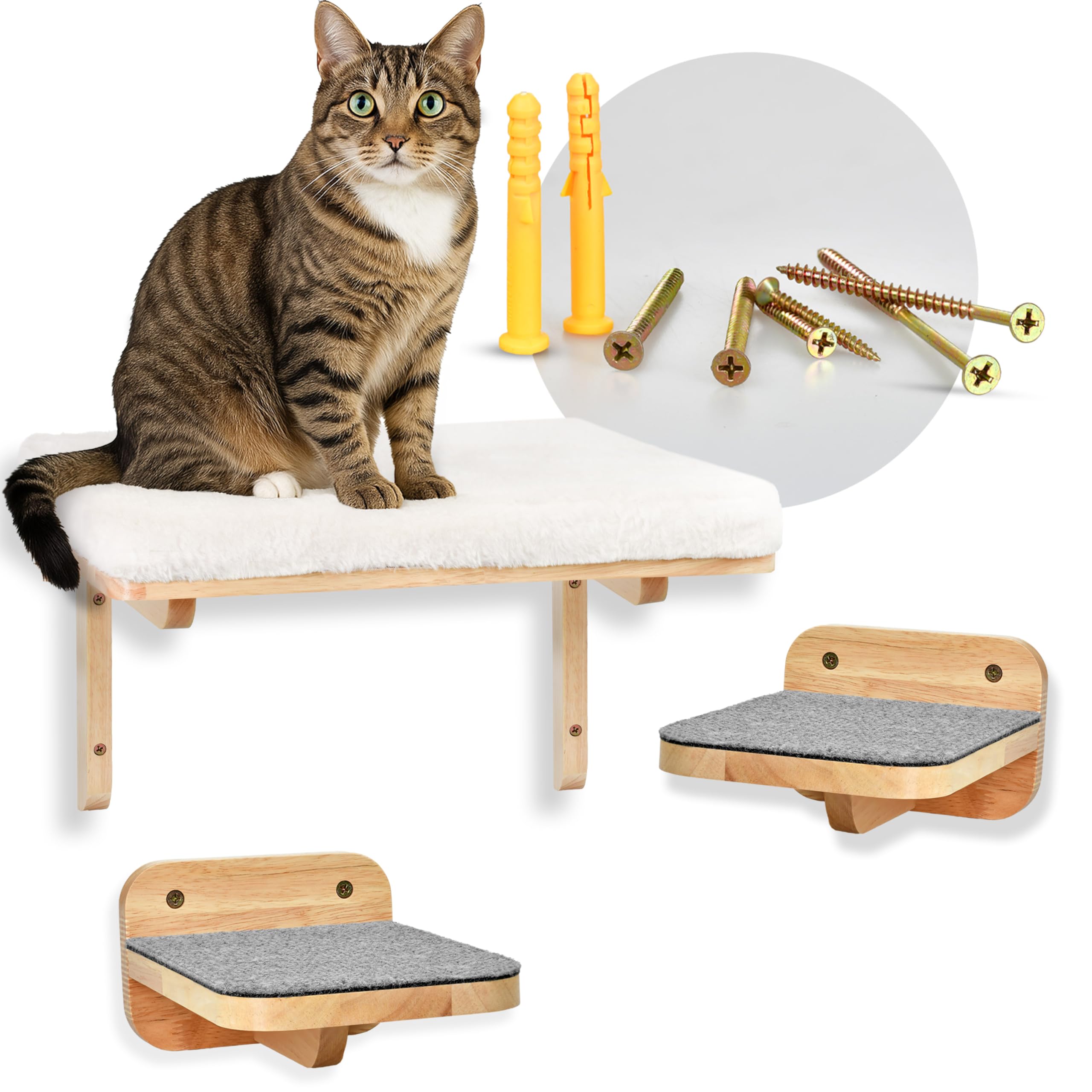 Katzen Kletterwand Set [3 Wandelemente] - Flexible Katzenwand mit großer Wandliege & 2 Treppenstufen inkl. Zubehör zur Wand-Montage [für Jede Katze geeignet]