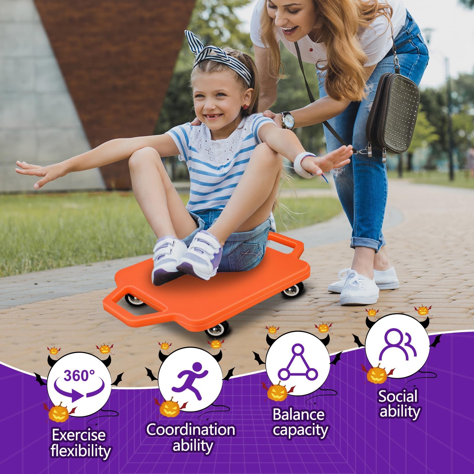 2 patinetes deportivos con asas de colores para sentarse, con ruedas de plástico para niños, gimnasio, actividades en interiores y exteriores, equipo de juego (naranja, morado) 6