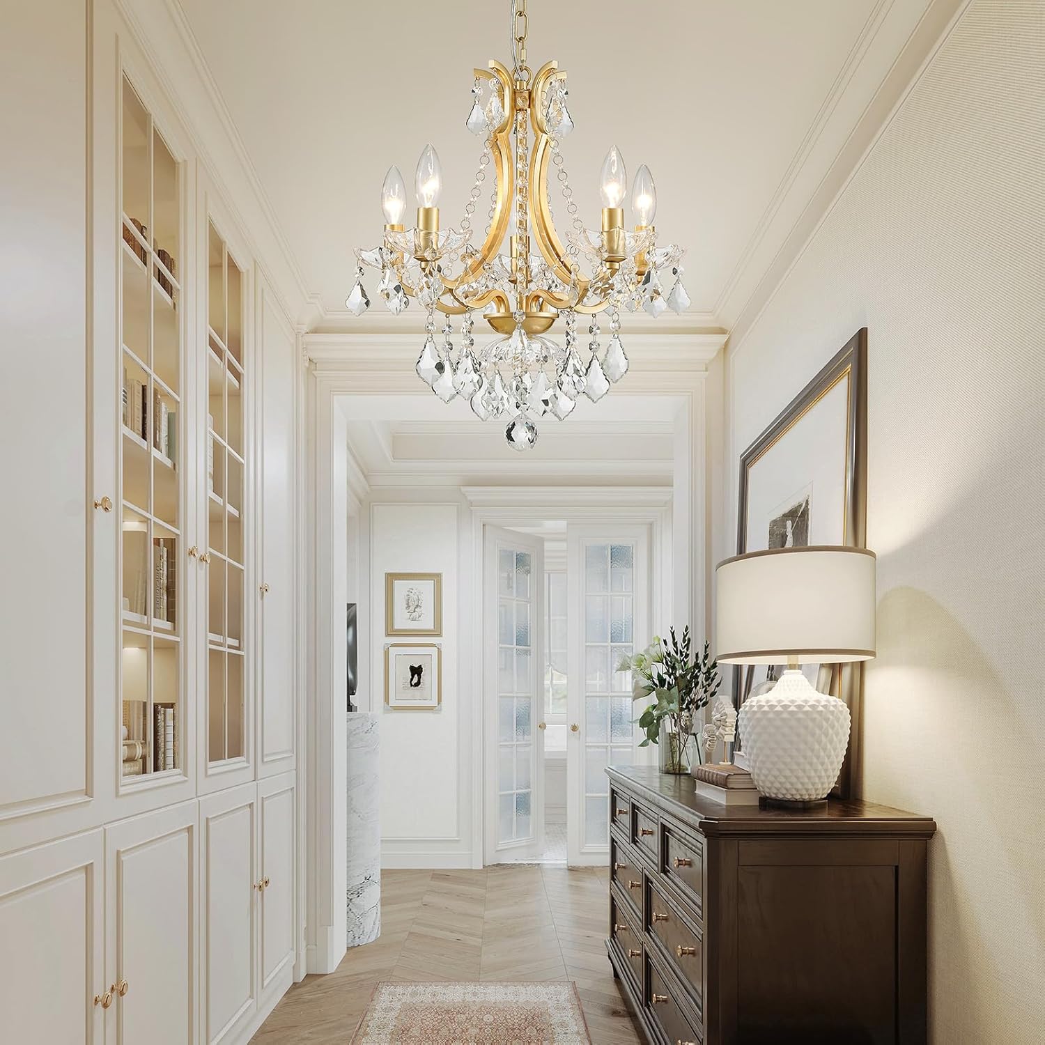 WUZUPS 5-Light Crystal Candle Chandelier Pendant Ceiling Light Modern Lighting Fixture for Bedroom Hallway Bar Kitchen Bathroom, H 19" W 16.6", E12 Base, Gold