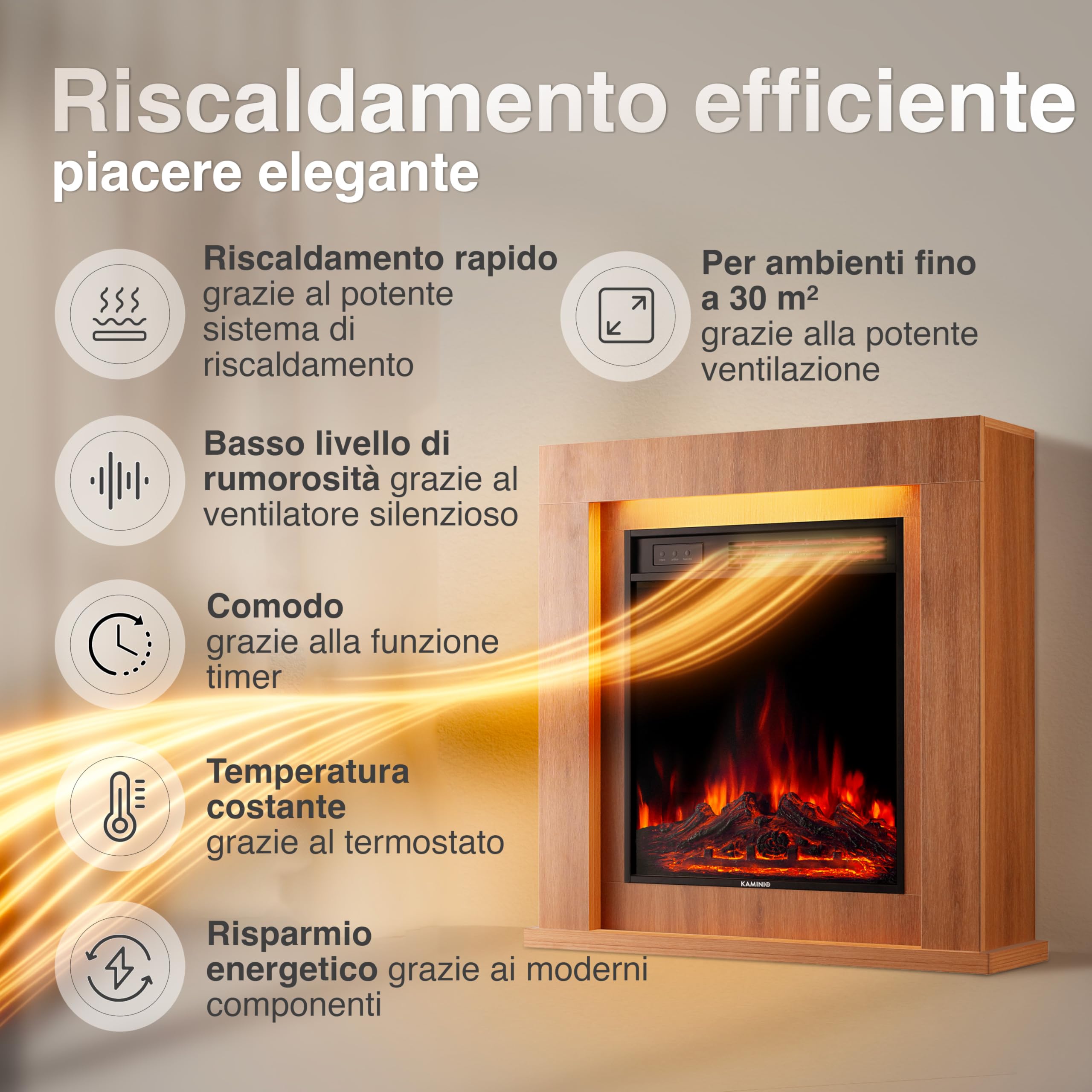 KAMINIO Camino elettrico Matti - Caminetto da pavimento con riscaldamento, effetto fiamma 3D, luce ambiente a LED, telecomando - 32 pollici (Querica)