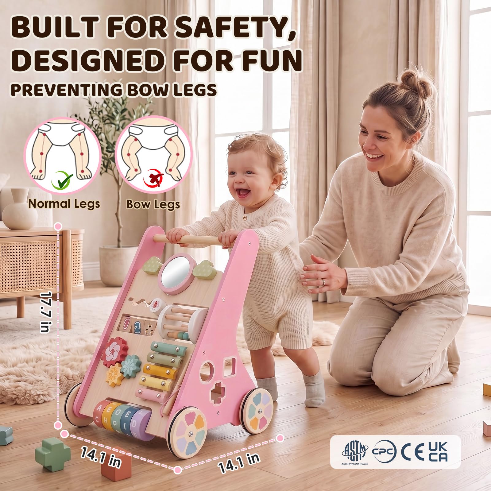 Andador Bebes Montessori,Caminador Bebe de Madera,Juguetes Bebe 1 Año,Rosa