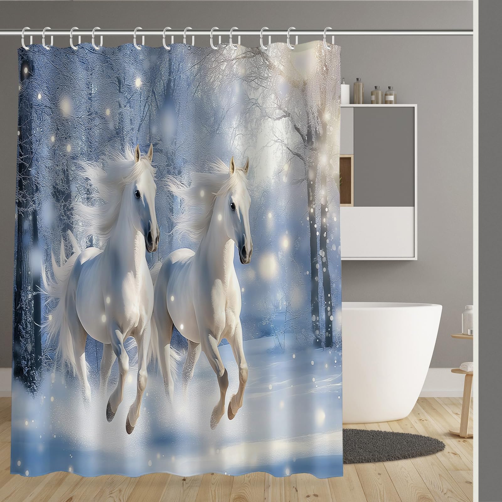 Rideau de douche imperméable haut de gamme en tissu lavable motif artistique cheval