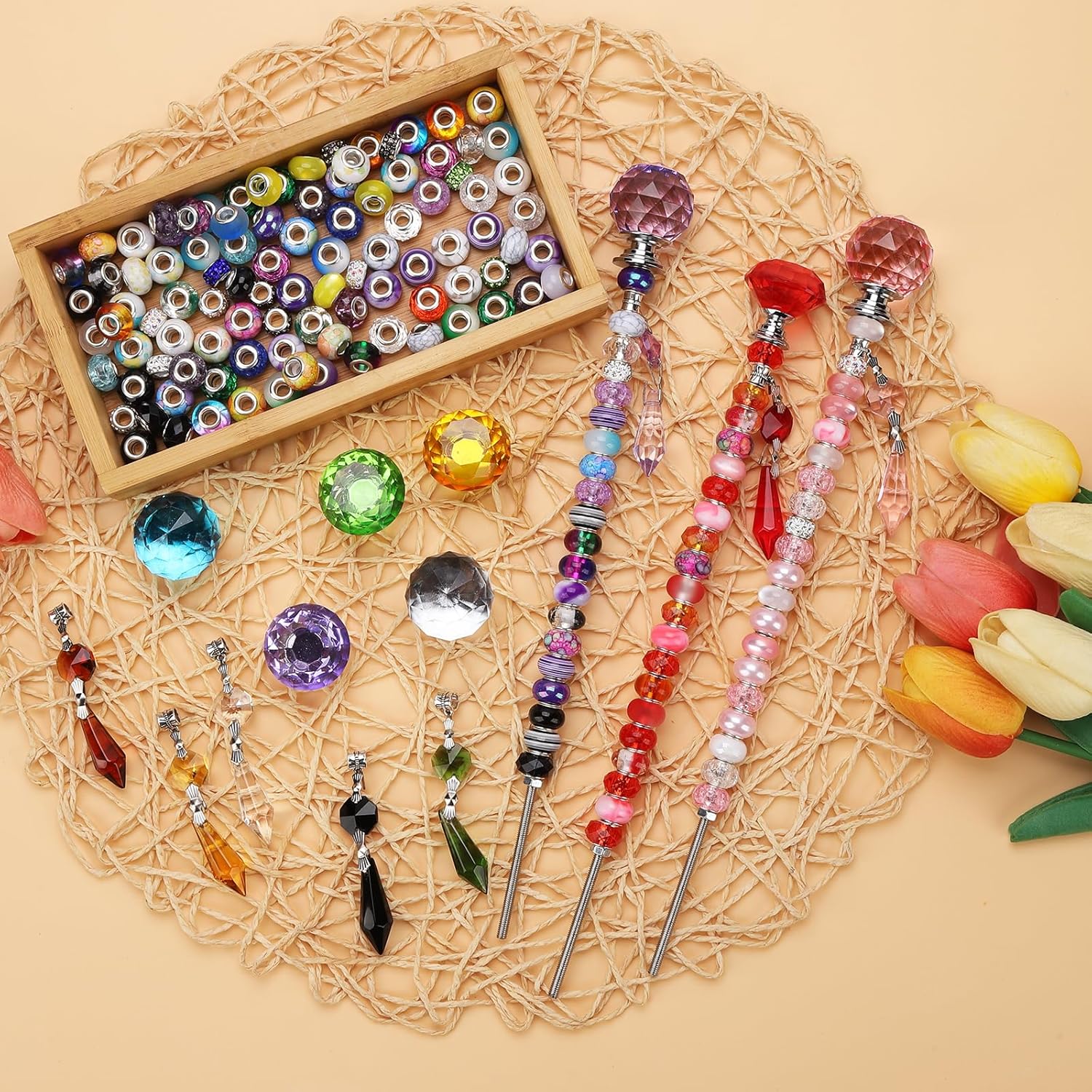 192Pcs DIY Fairy Wand Beaded Garden Stakes Kit, Fairy Garden Stakes Beads and Rods with Sparkling Crystal Pendants, Suitable for Garden Decorative Outdoor Beadable Items(10IN) - Image 3