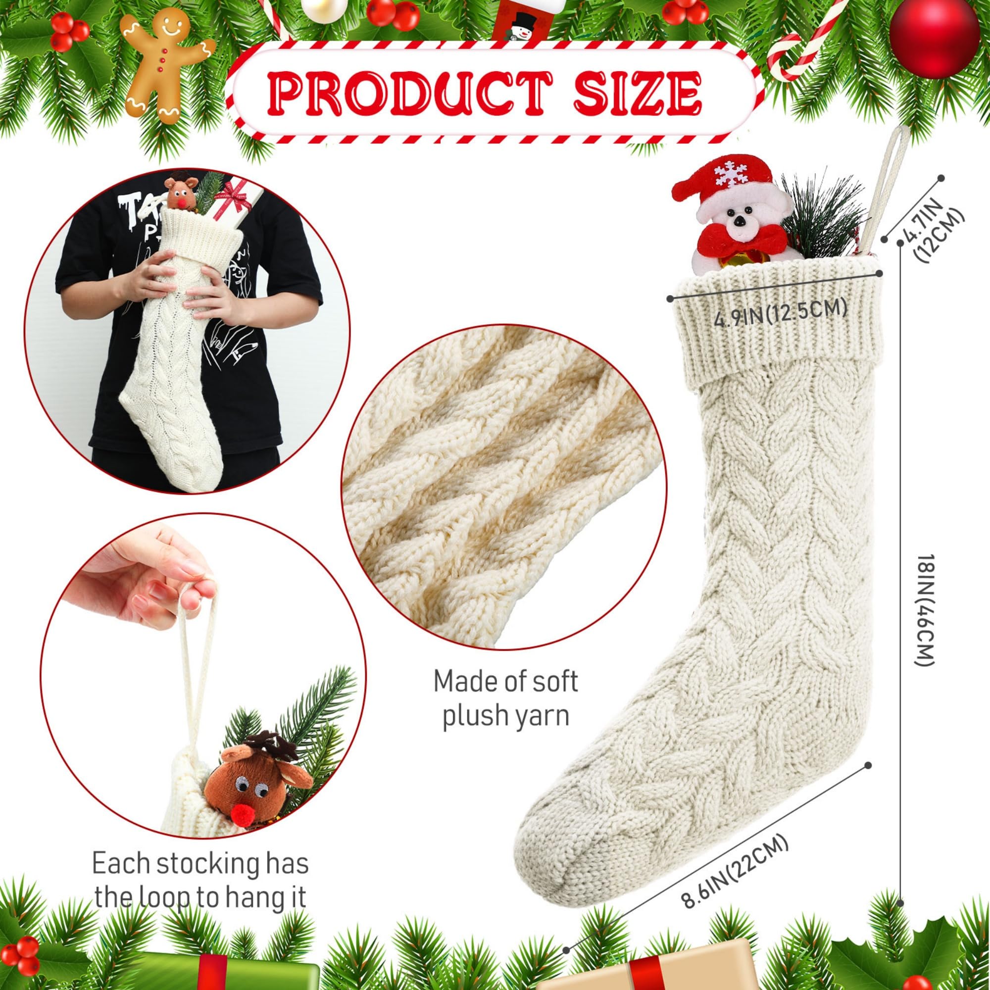 Weihnachtsstrumpf Gestrickter Strumpf Zopfstrick Weihnachtsstrumpf und Holzanhänger Kleine Holzstücke Blank mit Seil für Familie Urlaub Dekor (Weiß, 12 Stück)