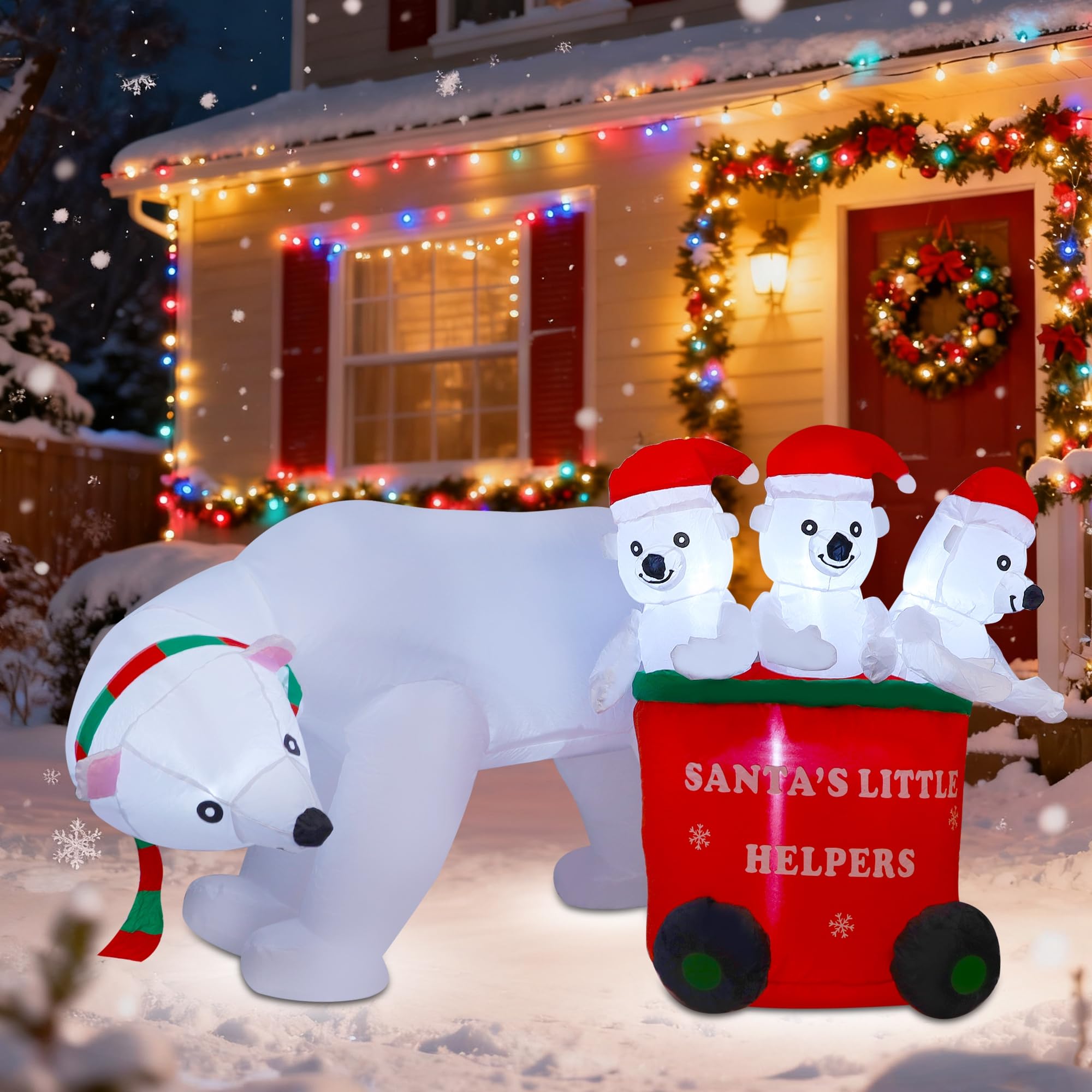 DR.DUDU Oso polar inflable de Navidad de 7 pies con sombrero de Papá Noel, oso de Navidad inflable decoraciones al aire libre para césped, jardín, patio, fiesta de Navidad