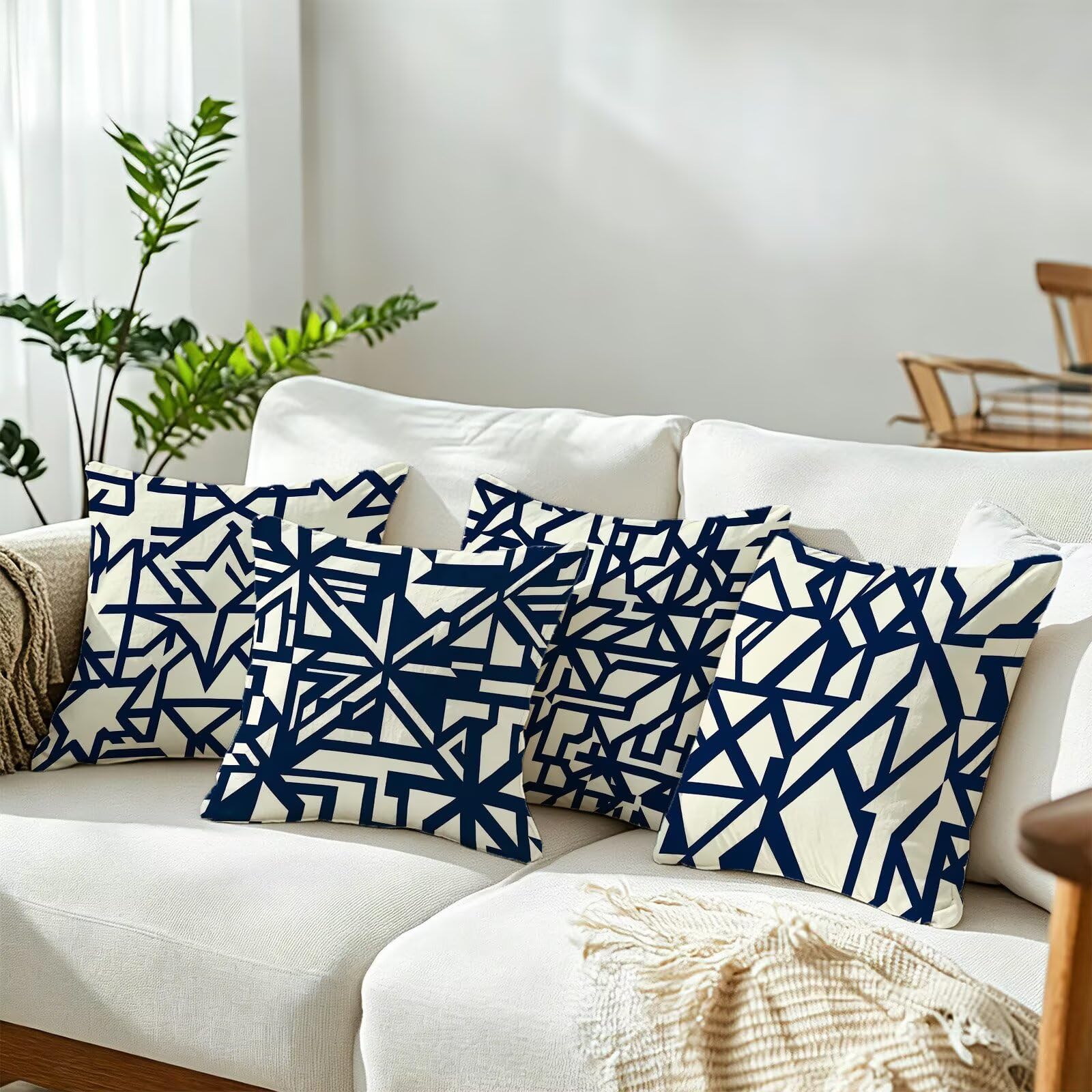 Blu Federe Cuscini Divano 60x60cm, Cuscini da Esterno Set de 4, Cod-114 | Lin Copricuscini Decorativi Letto Arredo, per Letto, Soggiorno, Giardino, Esterno, Casa Decorazione Set di 4 Linea