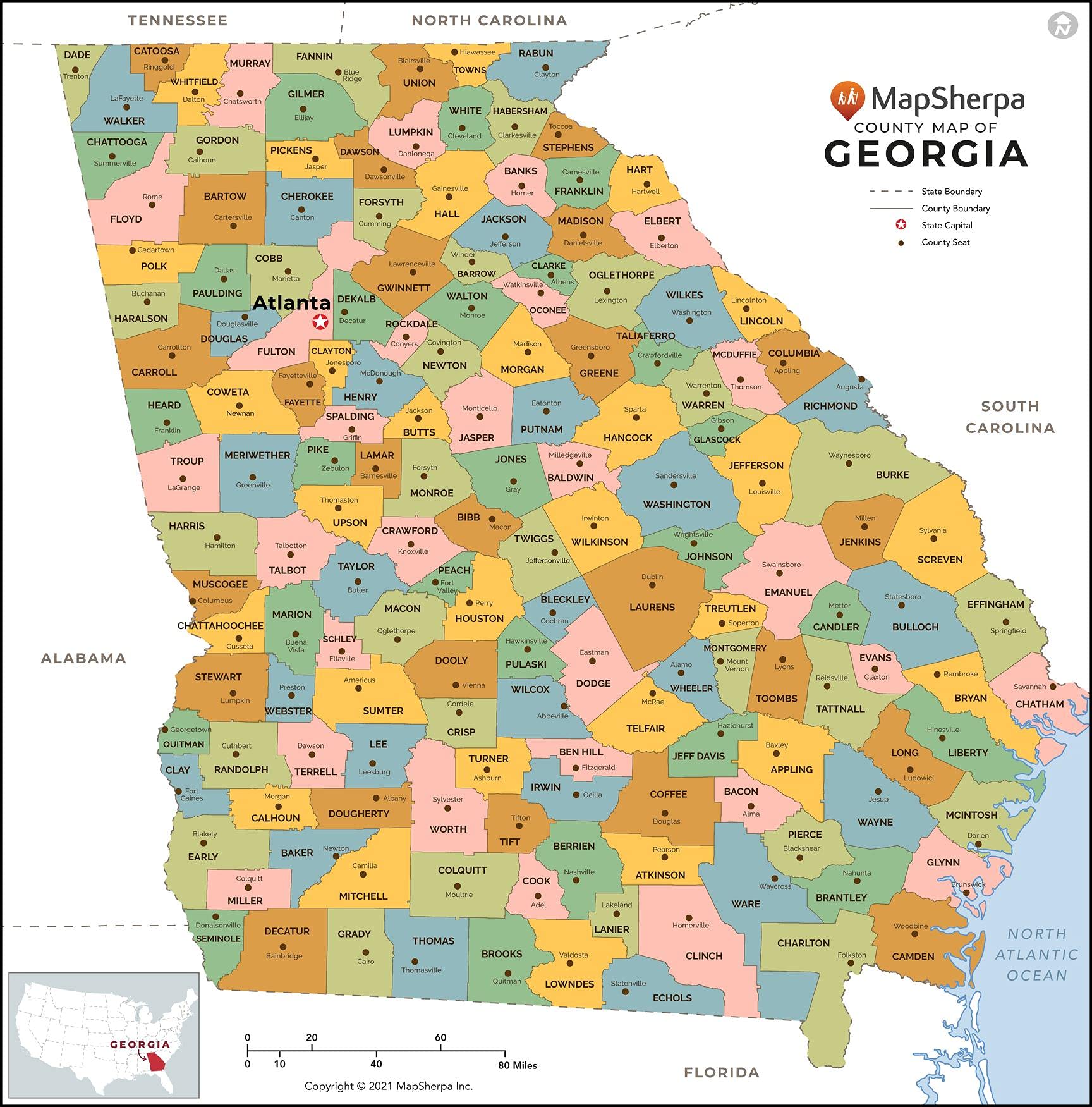 Georgia Counties Map - Standard - 36" x 36.5" Laminated