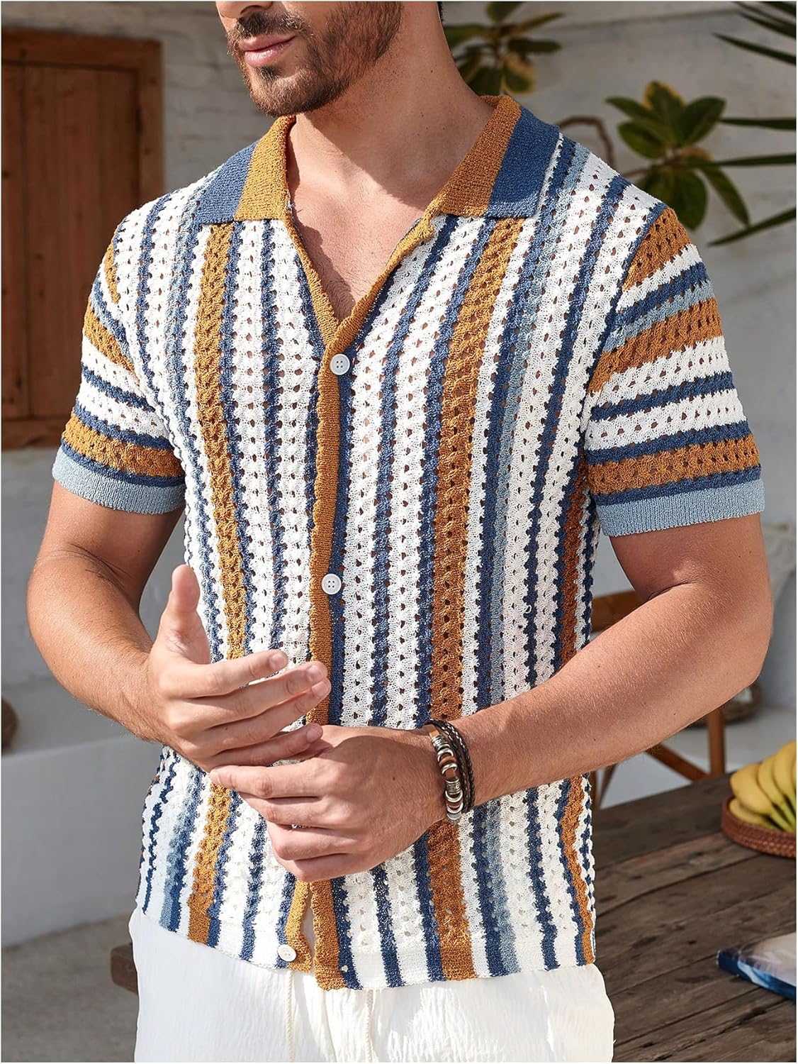 Men's Striped Crochet Shirt Hollow Out Button Down Short Sleeve Collared Knit Tops - Image 5
