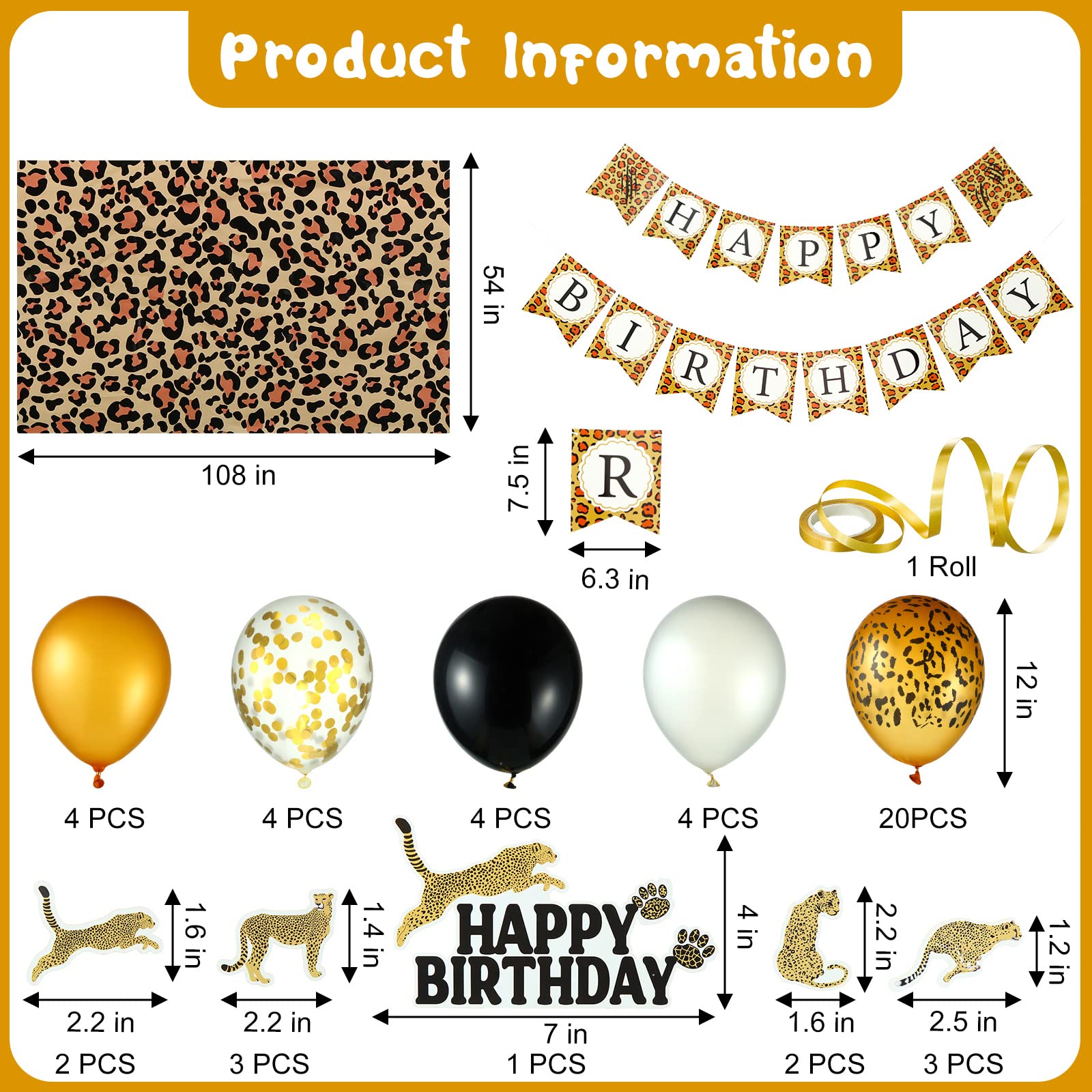 51-Piece Cheetah/Leopard Birthday Party Decorations Kit - Banner, Balloons, Cake Toppers, Tablecloth, Ribbon