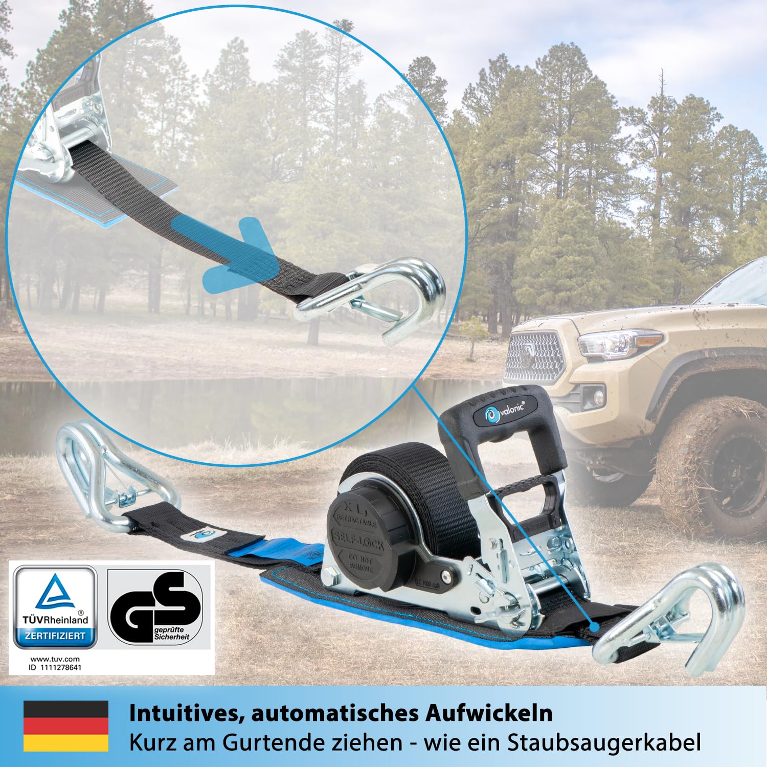 valonic Grizzly - 2X 5m XXL Automatik Spanngurt mit Haken, gepolstert, Blaue Fahne, 35mm, 800/1600Kg, TÜV Rheinl. / GS, EN 12195-2 - Spanngurte mit Ratsche, Zurrgurte für Motorrad, Auto, schwarz
