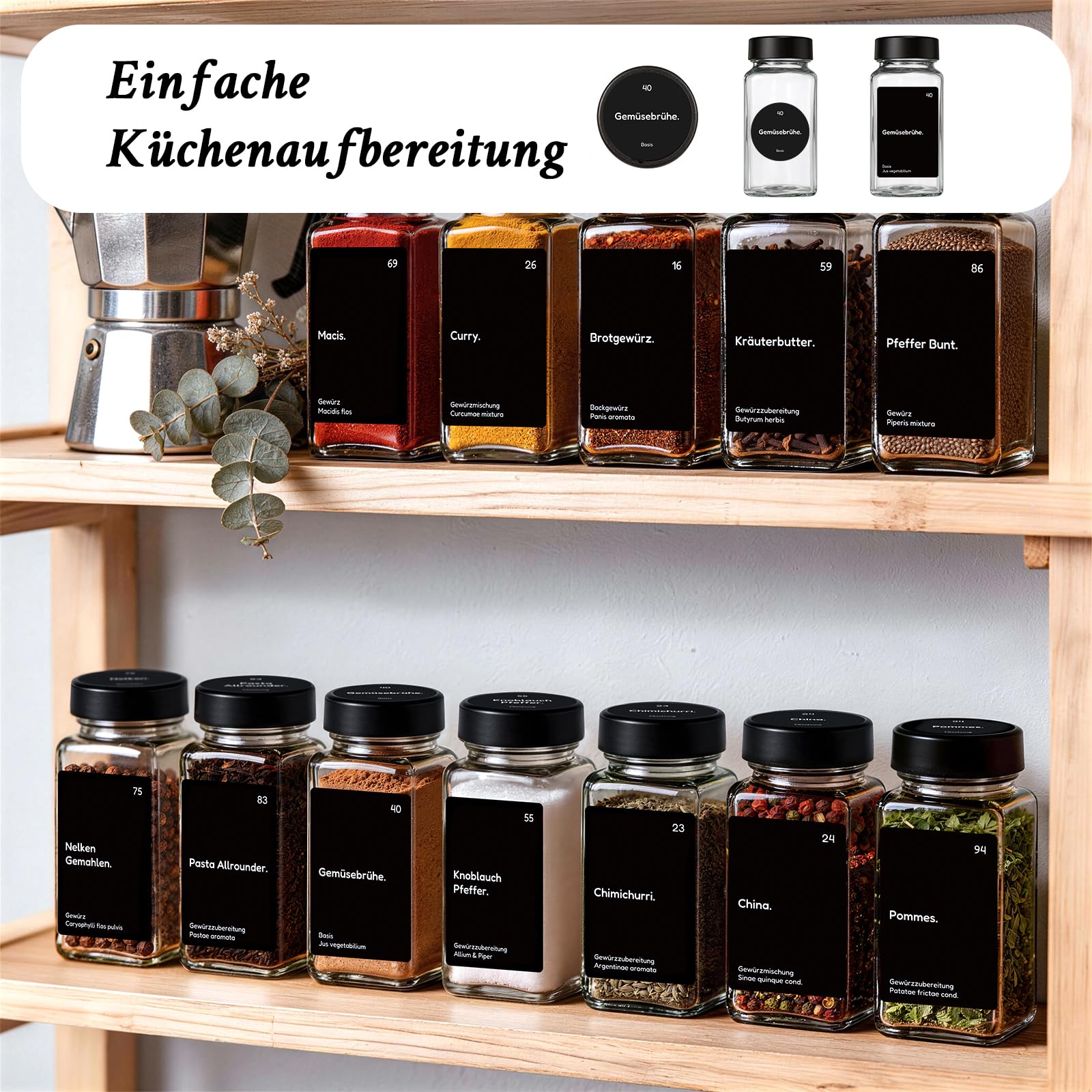 MHDCLY Lot de 36 bocaux à épices avec insert à saupoudrer - 120 ml - En verre avec couvercle noir - Avec 342 étiquettes (allemand) et entonnoir - Lot de pots à épices pour organisateur d'épices
