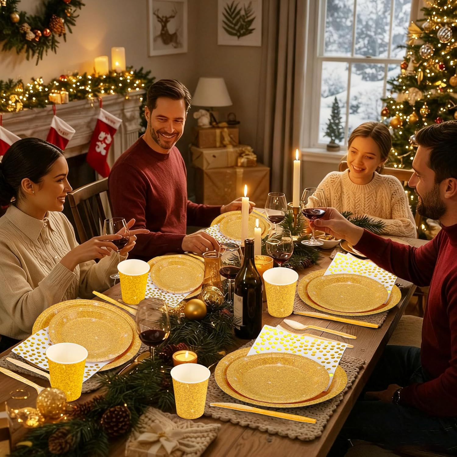 Hushee 175 Pcs Gold Holographic Print Party Supplies Guests Disposable Dinnerware Set Include Paper Plates, Napkins, Cups, Plastic Cutlery for Wedding Birthday Disco Bachelorette