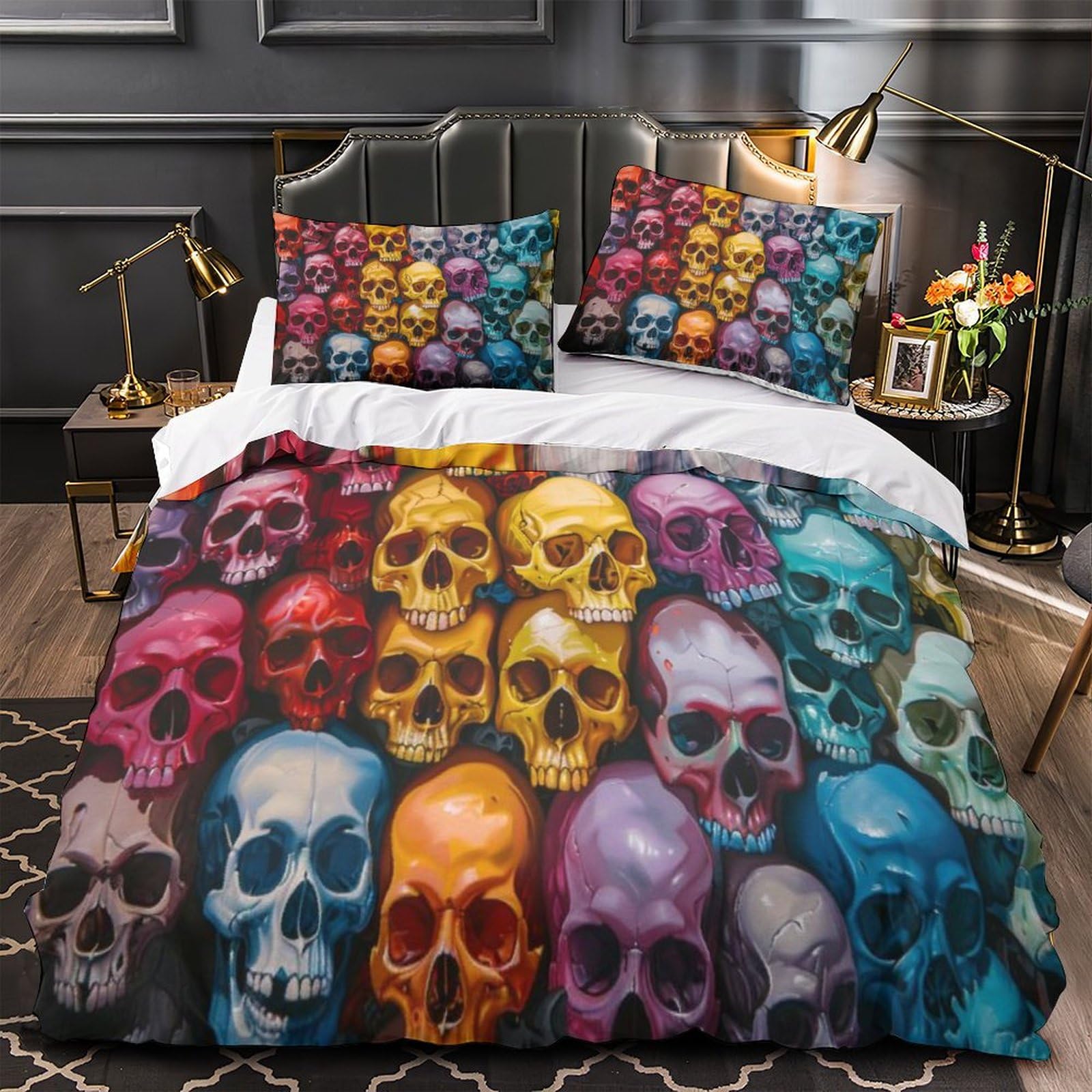 Housse de couette 3D colored skull avec taies d'oreiller lit double microfibre
