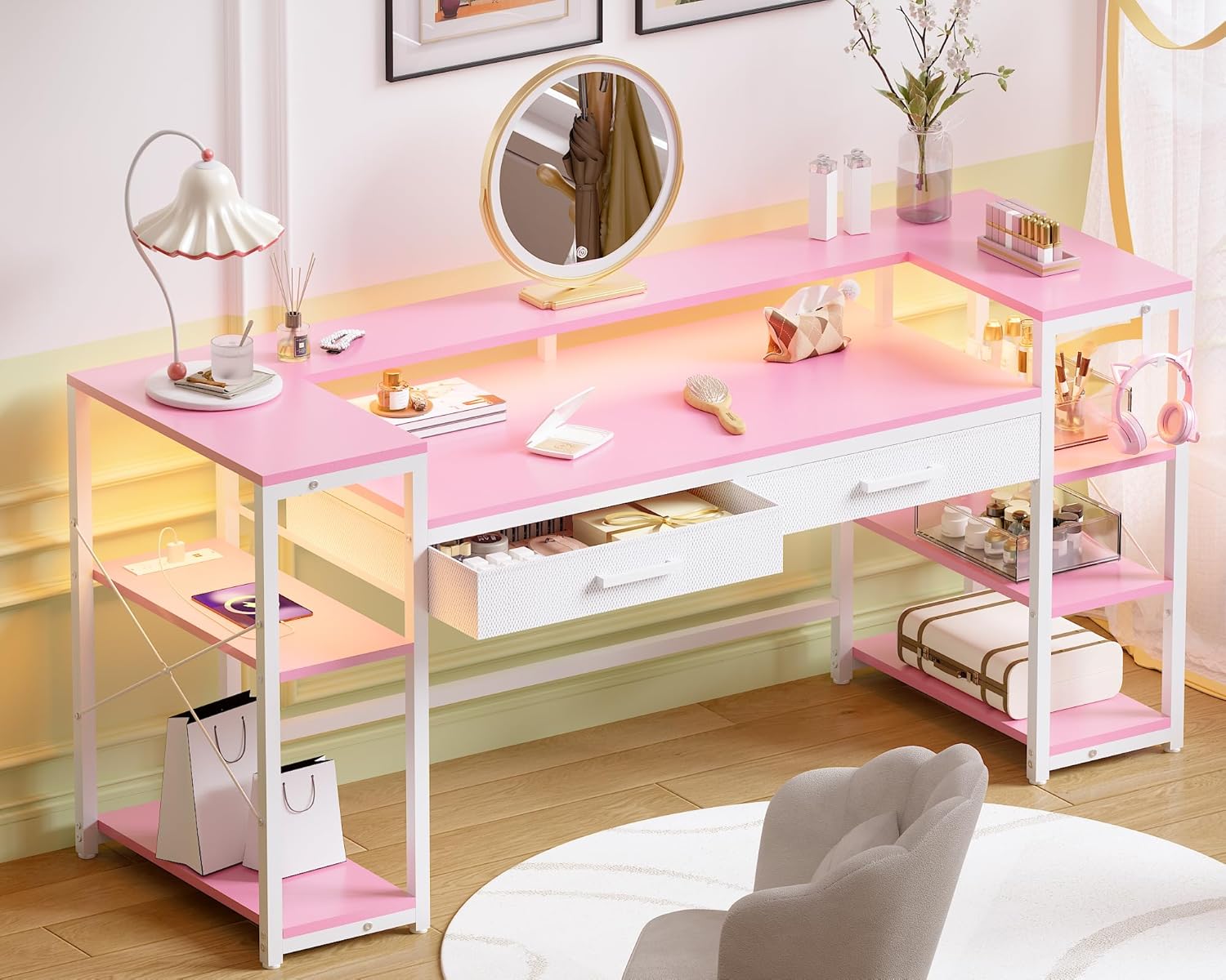 Pamray 58 Inch Computer Desk with Monitor Stand and Shelves Gaming Desk with LED Lights & Power Outlets PC Vanity Table with 2 Drawers for Home Office Pink