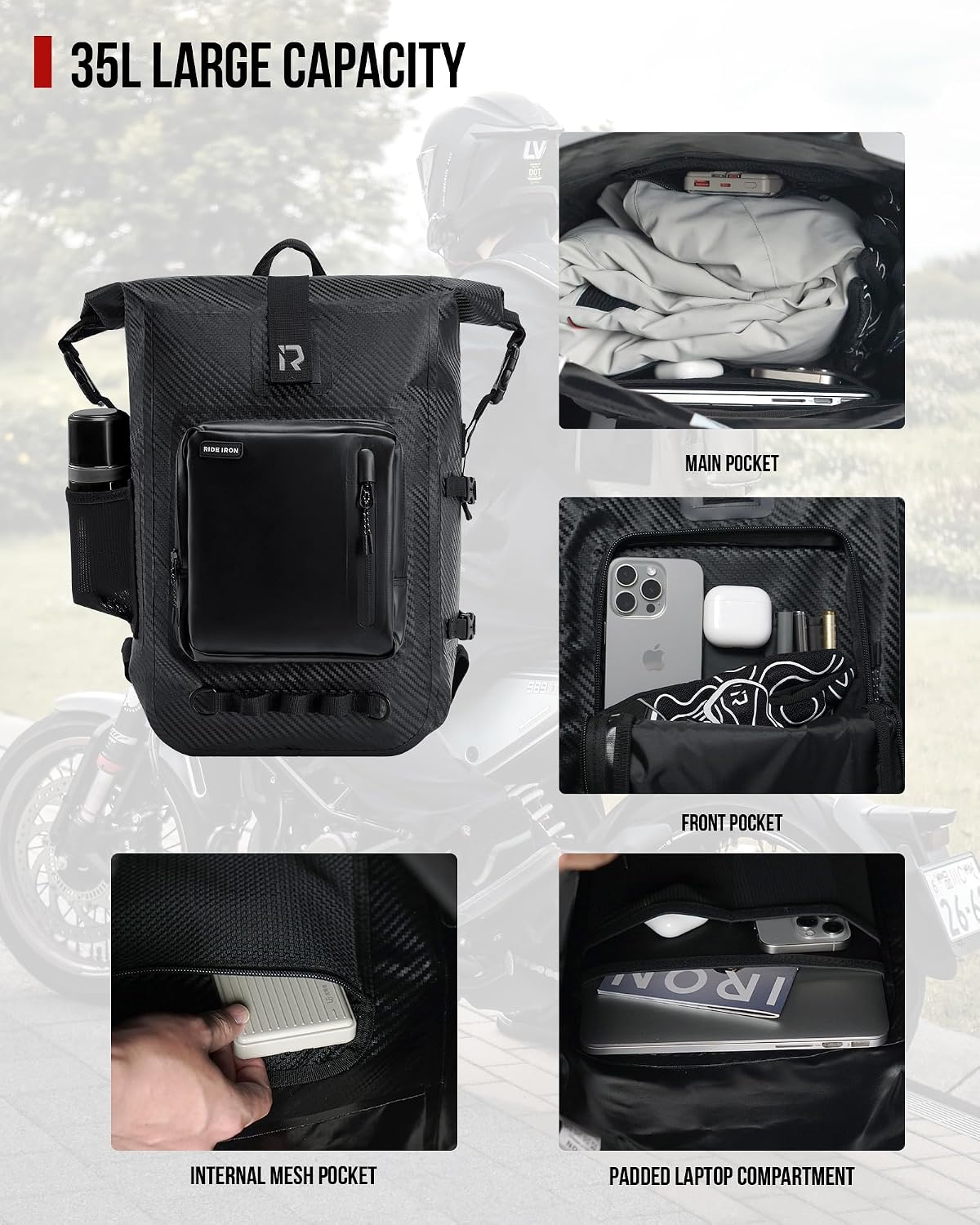 RIDEIRON Waterproof Backpack Motorcycle Dry Bag with Roll Top Closure for Kayaking, Travel, Surfing, Boating, Fishing, Camping (Carbon Fiber 35L)