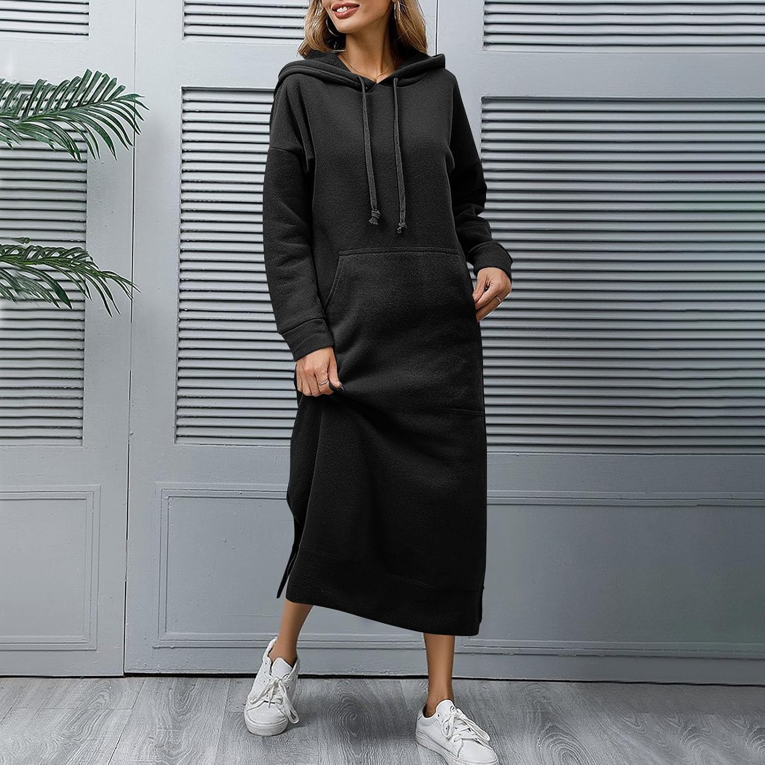 Long Hoodies for Women Plus Size Long Sleeve Pullover Casual Split Sweatshirt Dress Fall Winter Dresses with Pocket