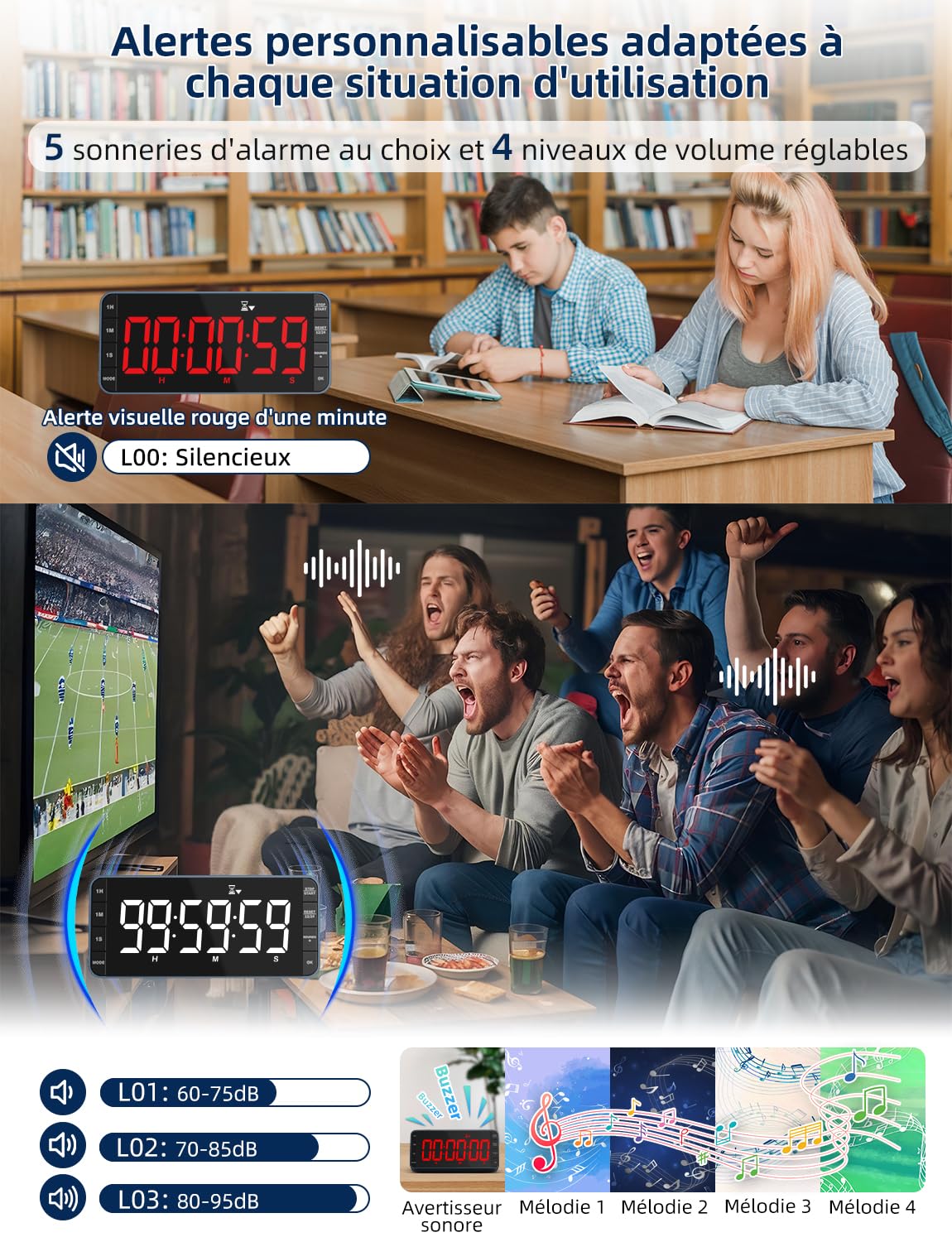 Minuteur Horloge Cuisine: 99h 59min 59sec Compte à rebours/Montant, Rechargeable, numérique par intervalle, LED 7,8'' Large, 3 luminosités, 5 alarmes, 4 volumes, magnétique (Bleu Marine)