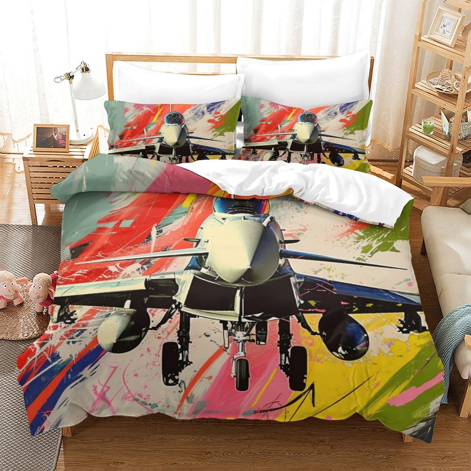 Housse couette avions de combat sans plis literie douce lit king size