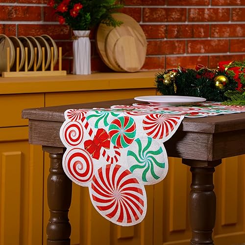 Miniatura 3 de Kingdder Camino de mesa de Navidad con bastón de caramelo, rojo, blanco, verde, piruleta, arco de menta, decoración de fiesta de Navidad, centro de