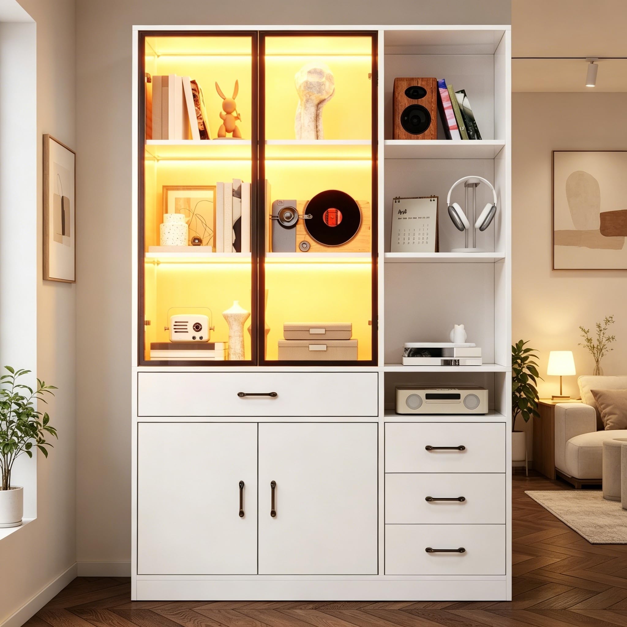 Armadietto alto con vetrina in vetro e LED, 120 x 35 x 200 cm, libreria bianca con 13 scomparti, 4 cassetti e ante, vetrine, adatto per sala da pranzo e soggiorno