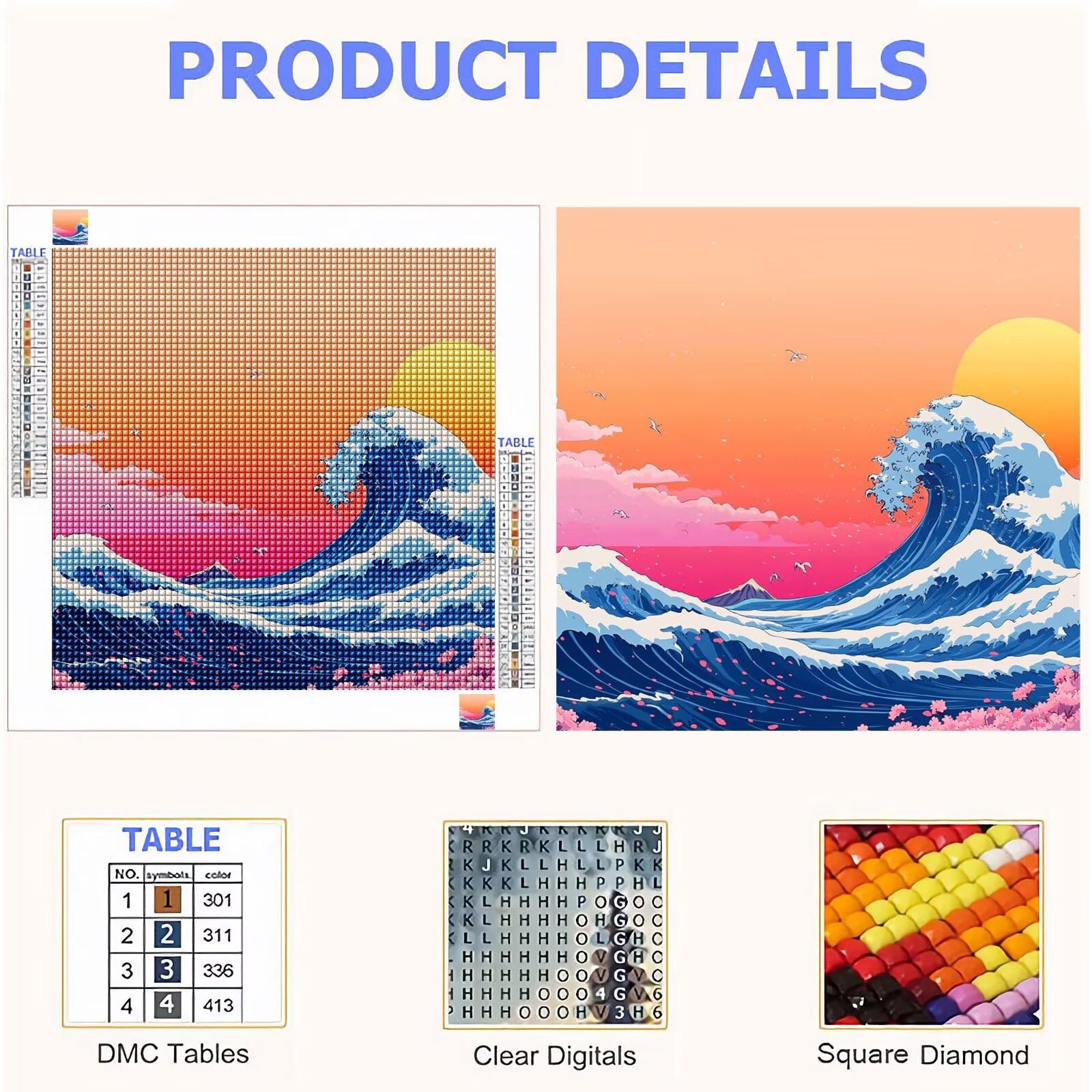 5D Diamond Painting Kit Completo, Diamond Painting Giappone DIY Hobby Creativi Adulti Pittura Diamante Strass Mosaico Kit per Bambini Principianti, Decorazioni Casa Parete Regalo Onde 60x60cm FX#1072