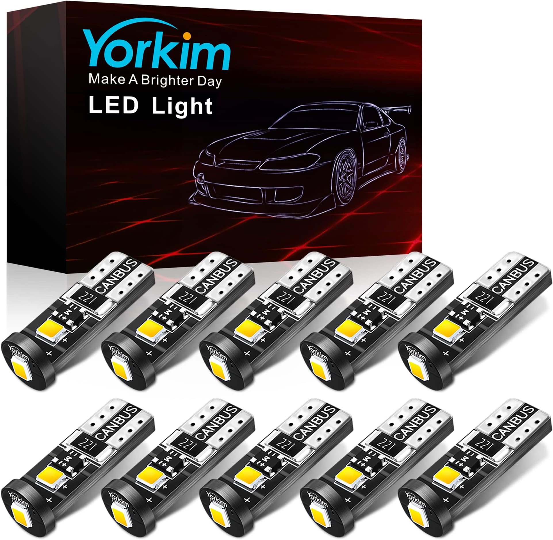 Yorkim 194 Led Bulb Canbus White Error Free 3-SMD 2835 Chipsets, T10 Interior Led For Car Dome Map Door Courtesy License Plate Trunk lights with 194 168 W5W 2825 Sockets Pack of 10