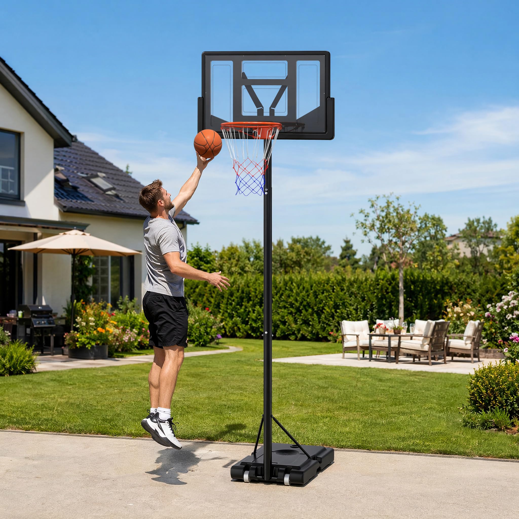 Froadp Canasta de baloncesto ajustable en altura para interior y exterior, soporte de baloncesto con soporte, juego completo, incluye pelota de baloncesto, bomba, equipo de baloncesto portátil para