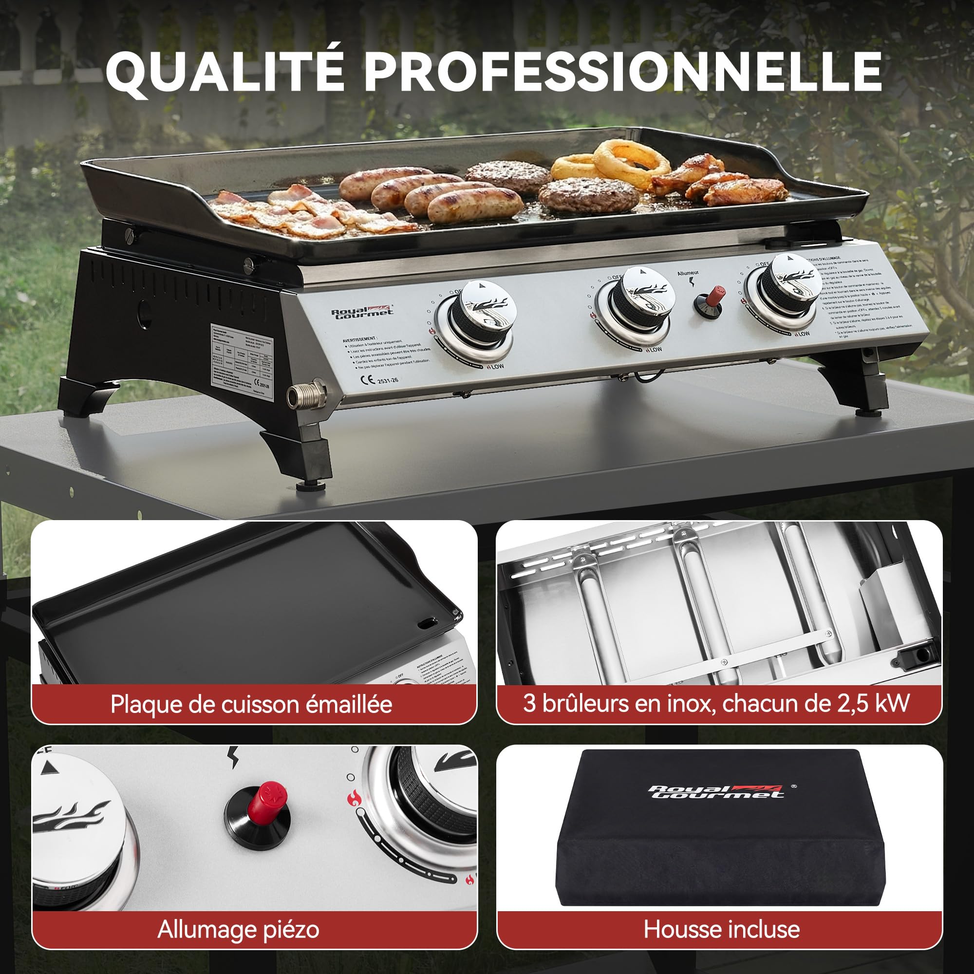 Royal Gourmet Piastra a Gas in Acciaio smaltato, 3 bruciatori di Potenza 7,5 kW, Superficie Cottura 62,0 x 35,5 cm, Portatile per Campeggio ed Esterno