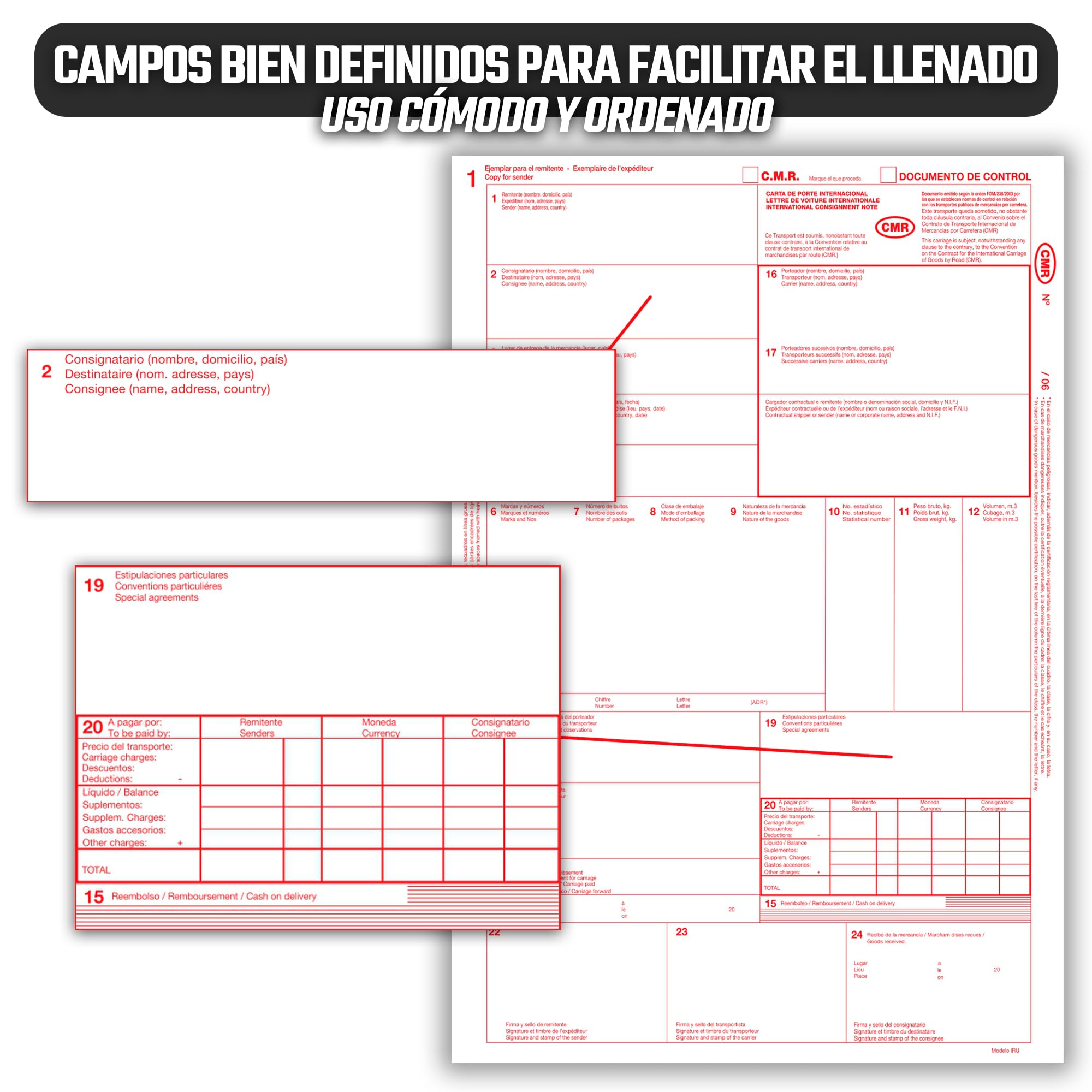 Pack 10 Talonarios CMR/DOCUMENTO DE CONTROL Autocopiativos - Transporte Nacional e Internacional - 4 Copias Numeradas - 25 Juegos Numerados - Cumple con Normativa CMR Internacional