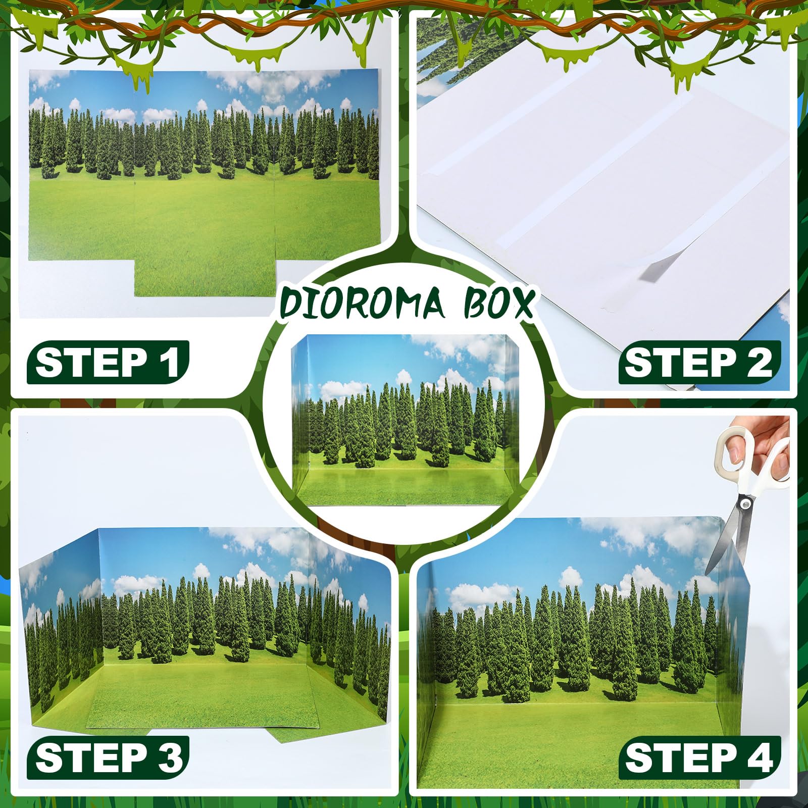 Trandraft 5 Pcs Diorama Kit Habitat Project Supplies with Double Sided Tapes Diorama Box for Display DIY Dollhouse Room, Jungle Style, 11.8 x 8.7 x 8.3 Inch - Image 3