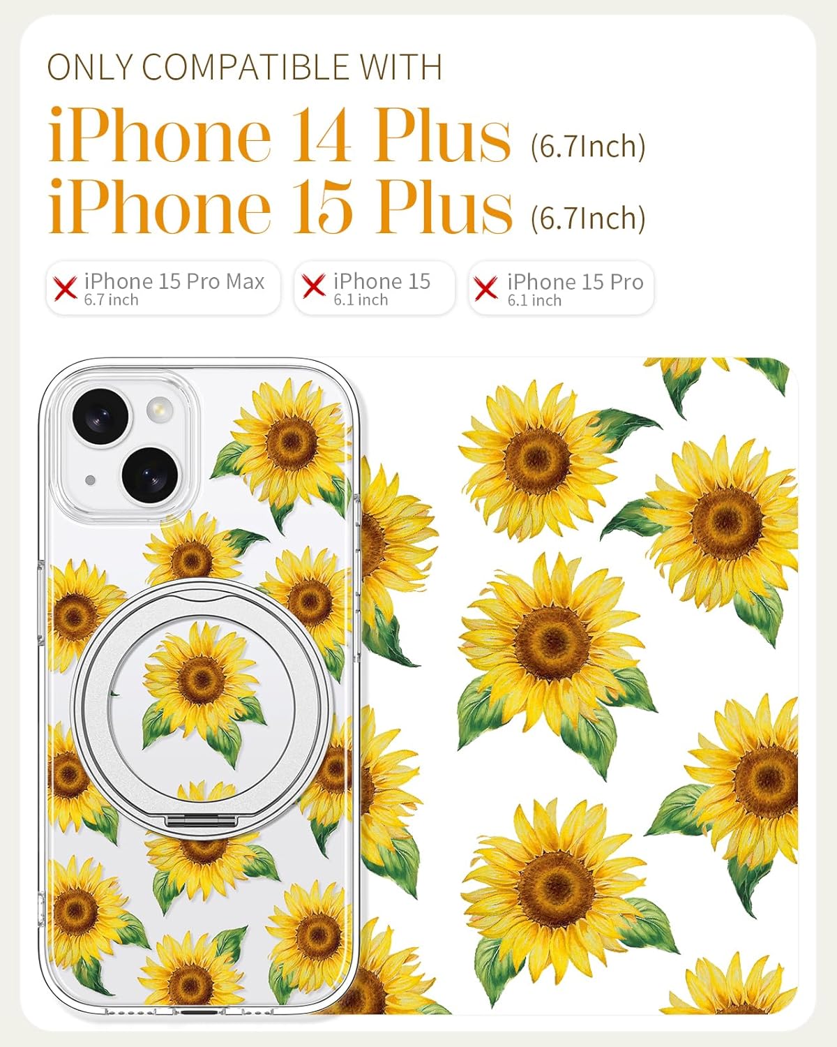 Loheckle for iPhone 15 Plus/14 Plus Case with Stand- Compatible with MagSafe Women Girls Cute Clear Aesthetic Unique Design Soft TPU Built-in Stand Phone Cover for Apple 15/14 Plus, Sunflower - Image 2