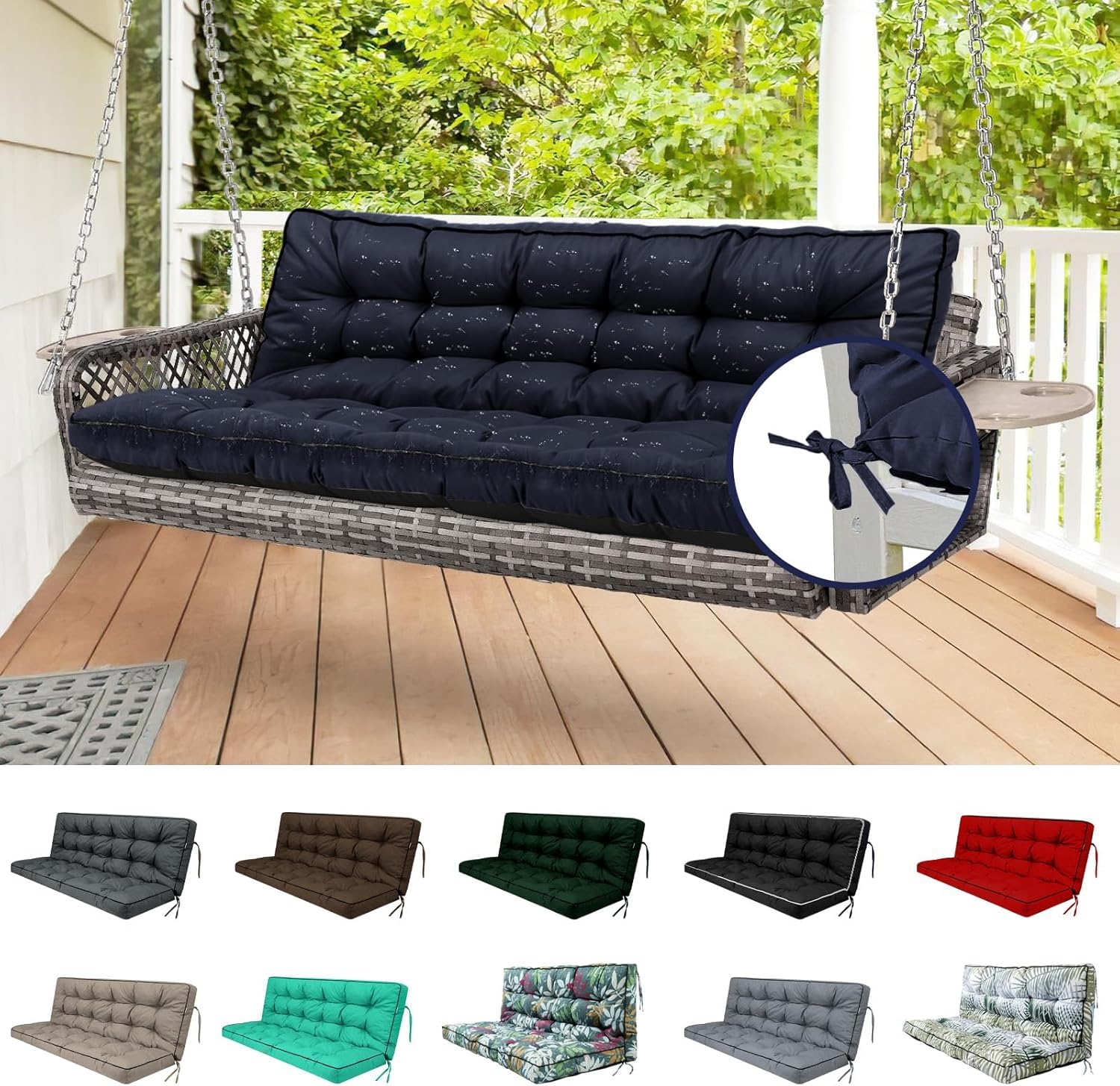 YQNUCO Outdoor Swing Cushions, Waterproof Porch Swing Cushions 3 Seater Replacement with Backrest, 4" Thicken Bench Cushion with Ties for Backyard,