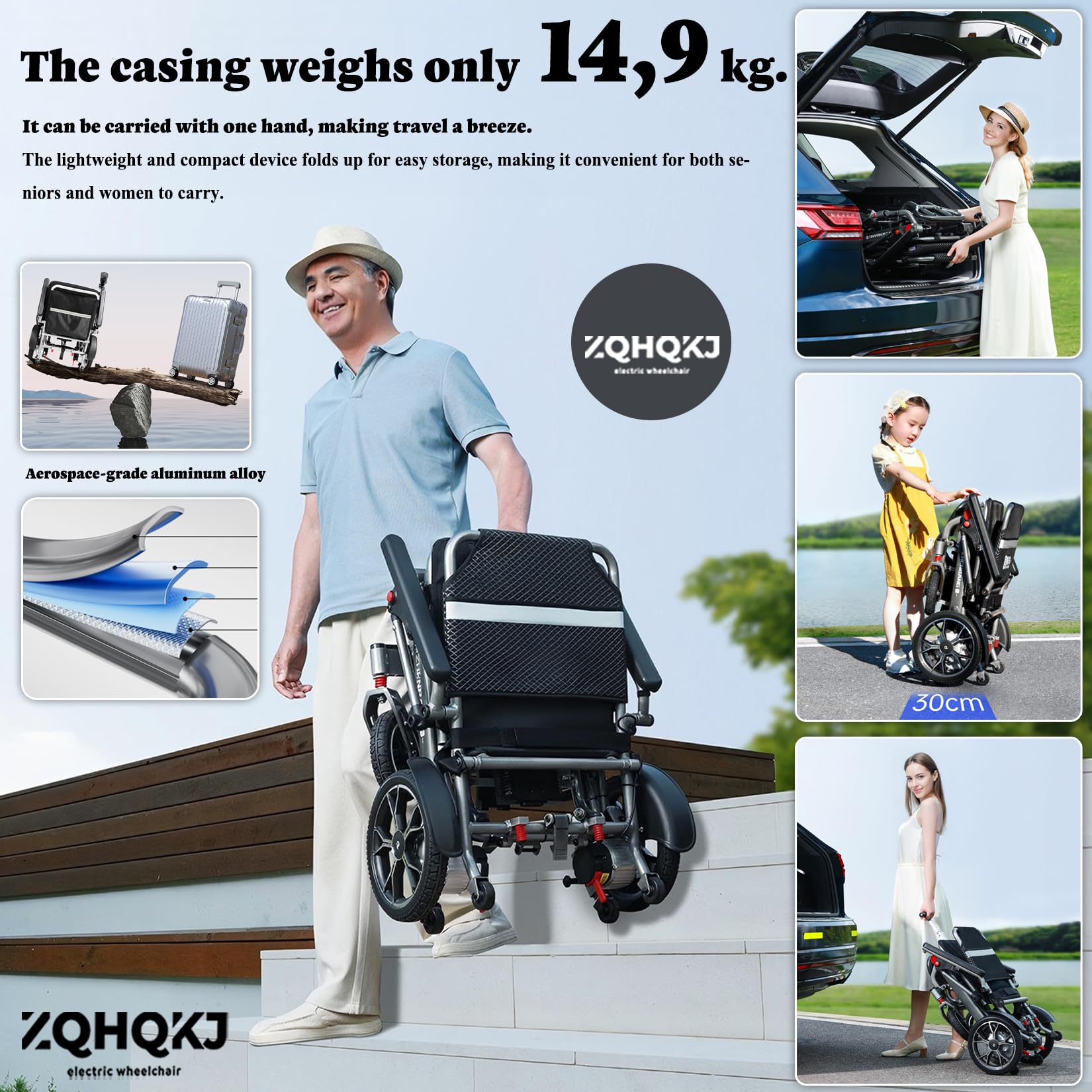 Składany elektryczny wózek inwalidzki dla dorosłych – lekki 14,9 kg, silnik bezszczotkowy 400 W, akumulator litowo-jonowy 24 V, pilot zdalnego sterowania, pojemność 150 kg, idealny dla seniorów