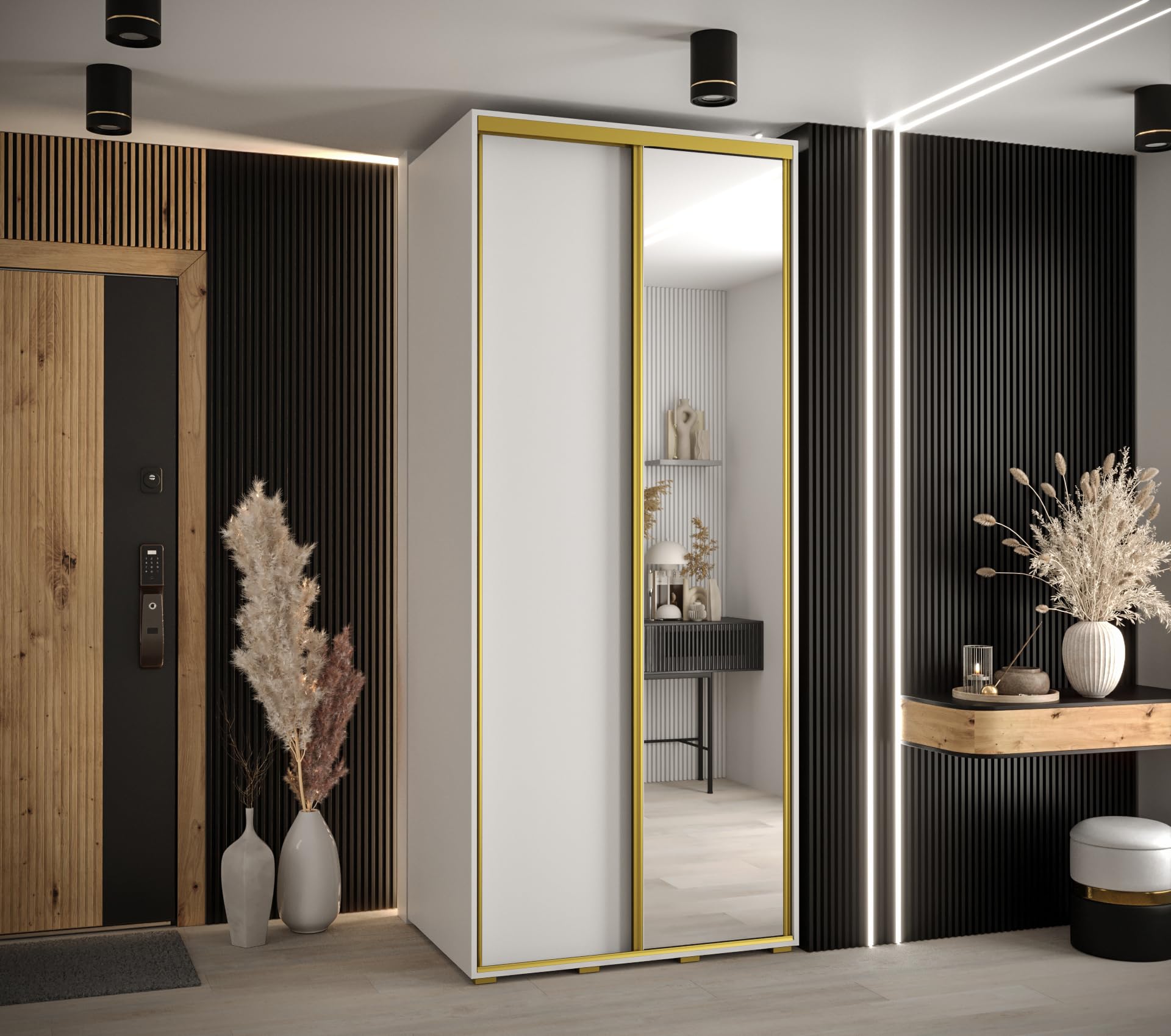 Armadio moderno a 3 ante scorrevoli con specchio e barra portaoggetti, elegante arredamento per camera da letto e soggiorno, 205,2 x 100 x 60 cm, elegante finitura oro