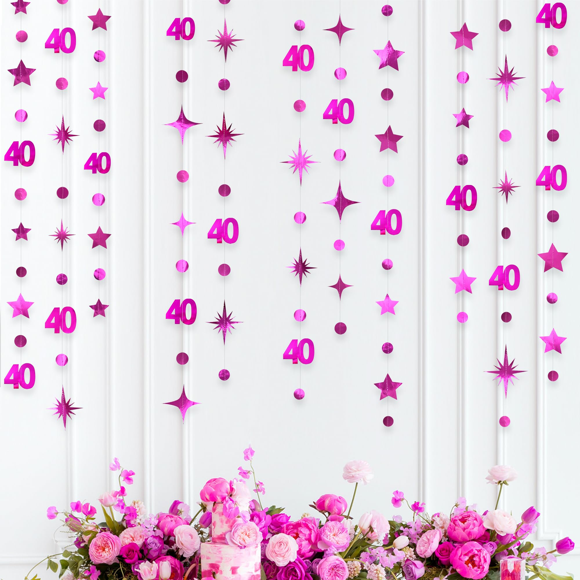 Hot Pink 40th Birthday Decorations Number 40 Circle Dot Twinkle Star Garland Metallic Hanging Streamer Bunting Banner Backdrop for Women Cheers to 40