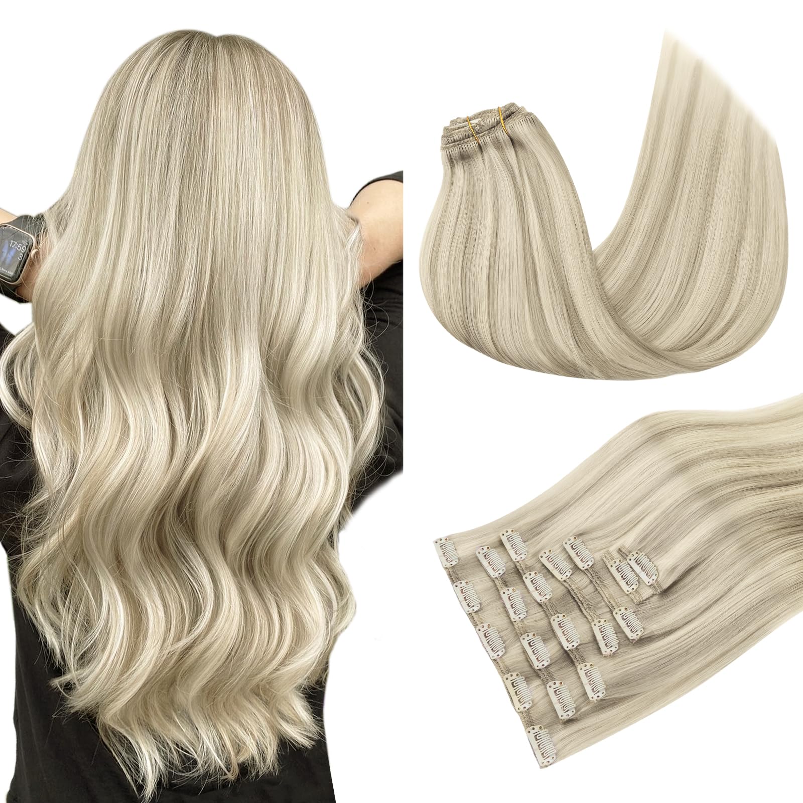 MAXITA Clip in Hair Extensions Real Human Hair, 12 Inch 7 pcs Ash Blonde Highlighted Platinum Blonde 80g, Extensions Clip ins for Woman