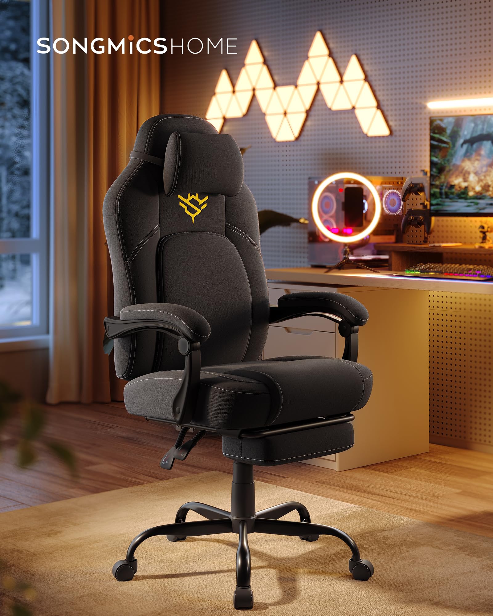 SONGMICS HOME Sedia da Gaming Ergonomica per Computer Con Poggiapiedi e Poggiatesta, Pelle Sintetica, Altezza Regolabile, Nero Inchiostro OBG072B01 | CATHY OBG072B01 - Sedia da ufficio girevole con poggiatesta, in poliuretano, regolabile in altezza, color