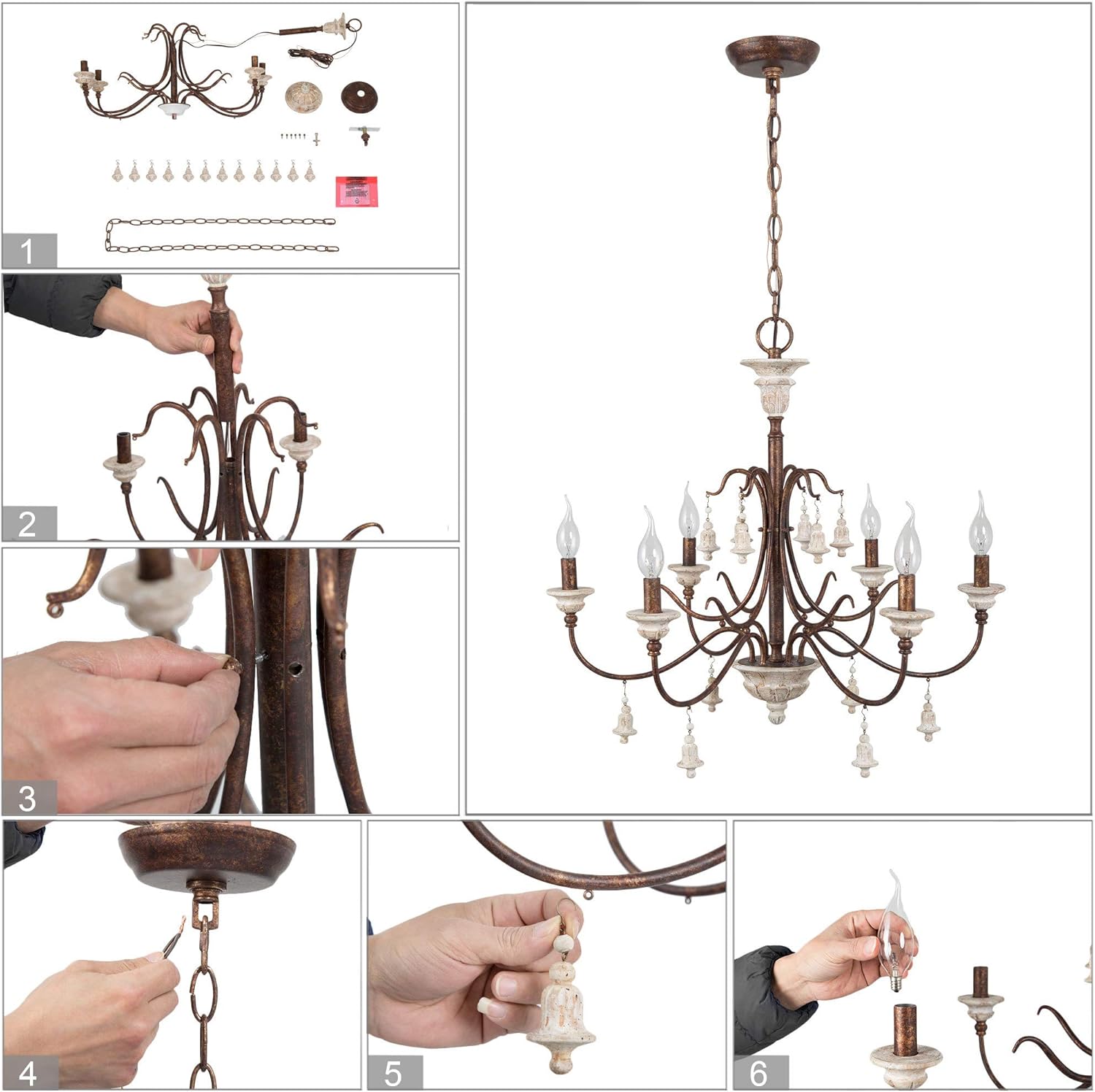 LOG BARN Farmhouse Chandelier for Dining Room, 6-Light French Country Lighting with Wood Bell, Rust Metal Arms, 26.5” Dia