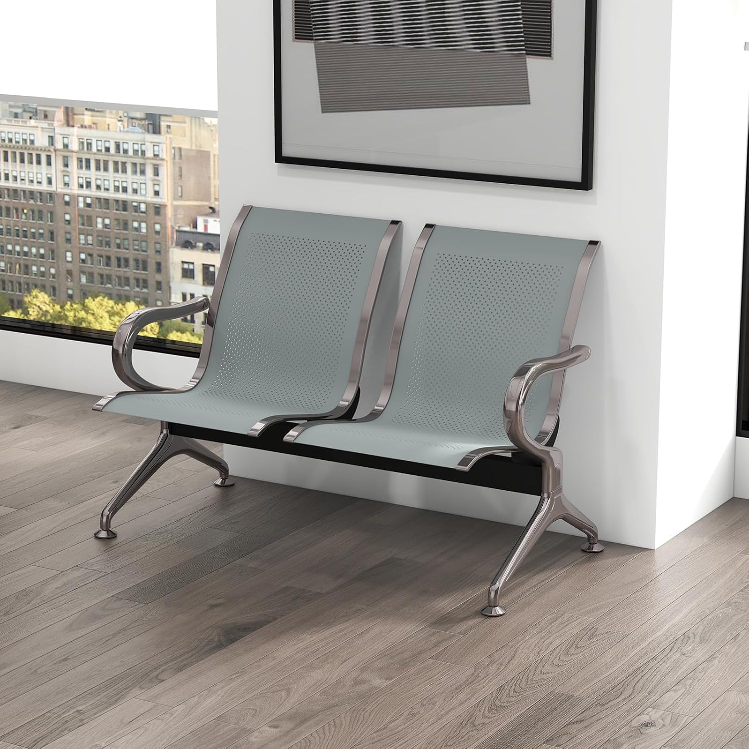 kinbor Waiting Room Chairs - Durable Reception Bench with Armrests, 2-Seat Office Reception Guest Chairs for Office, Hospital, Airport, Clinic, Bank & Lobby, Silver​