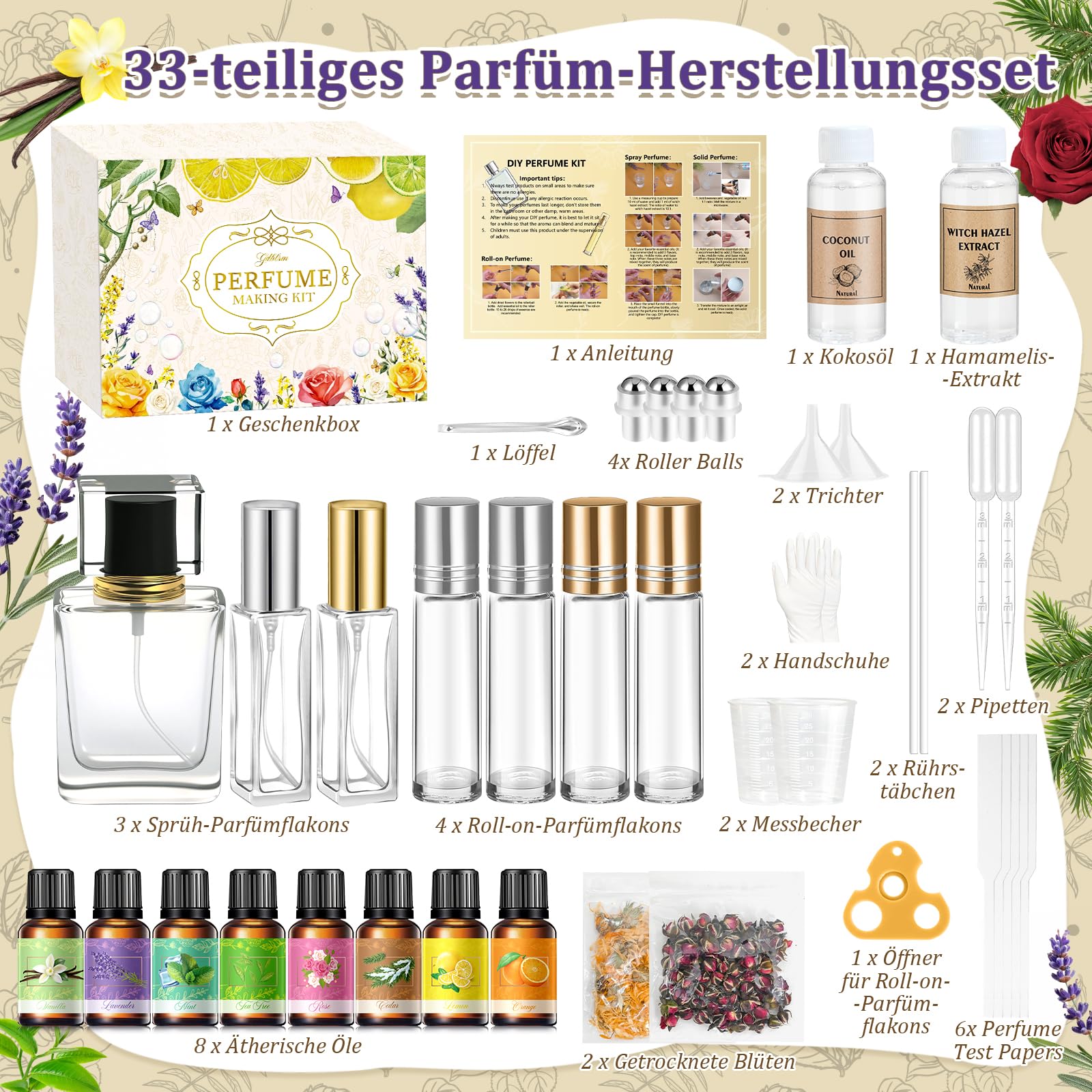 Parfüm Selber Machen Set, Gdblsm Damen Perfume Oil Making Kit, Kreative Bastelset Erwachsene DIY mit Ätherisches Öl, Langlebiges Mini Düfte als Geschenk für Frauen/Mädchen/Männer
