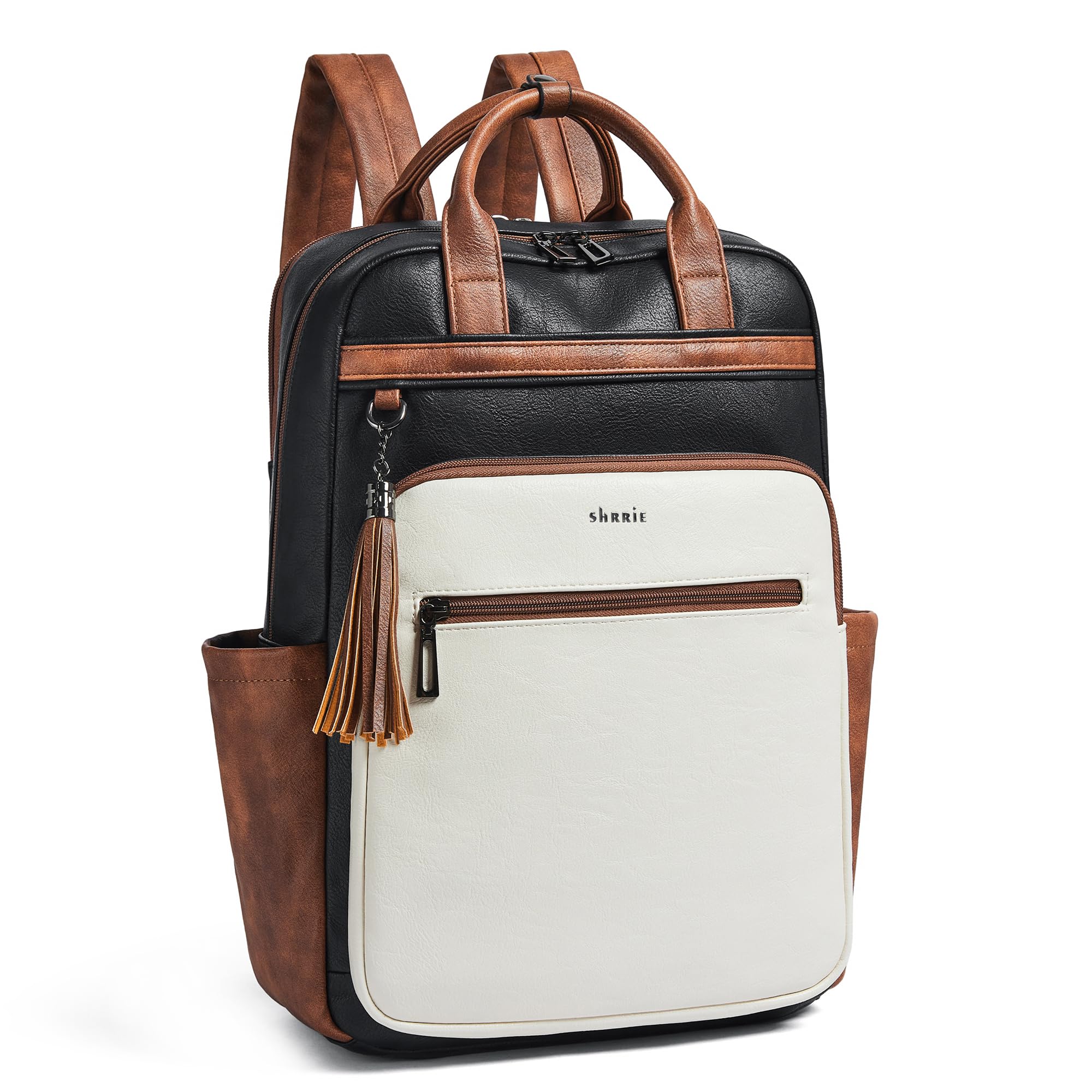 Shrrie Laptop Backpack for Women 15.6 inch Travel Leather Backpack Purse Work Computer Backpacks for Business College Black With Brown and White