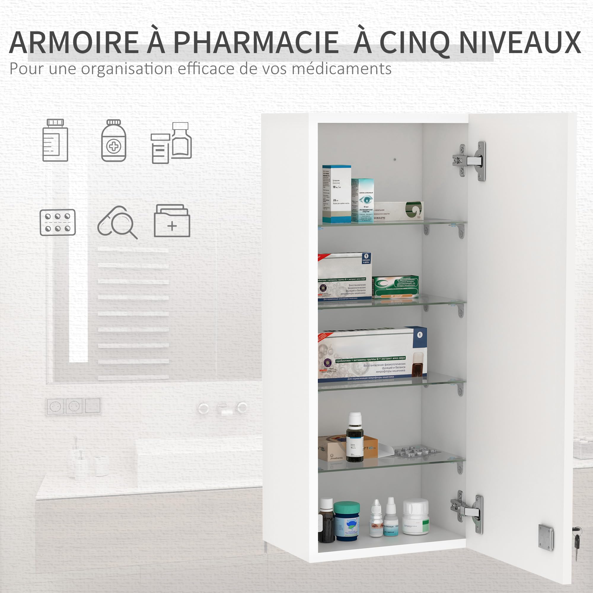 kleankin Armoire à Pharmacie Murale avec Serrure, 5 étagères et tablettes réglables, Bois et Verre, Blanc, 30x20x70cm