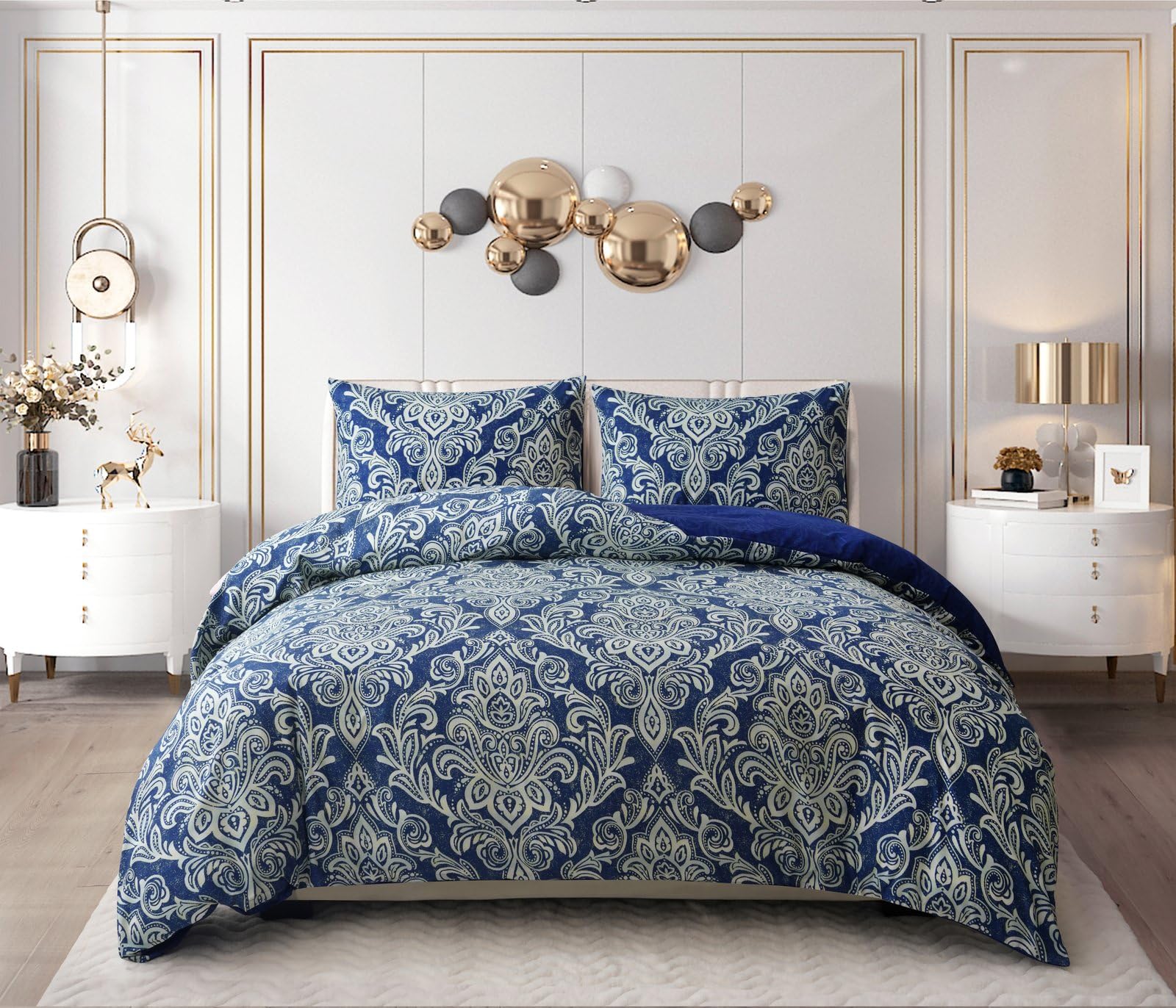 renoazul Microfiber Duvet Cover Sets Single - Single Bed Duvet Cover Set with Pillow Case & Fitted Sheet, Bedding Set Single, Soft & Easy Care - Single 3 Piece, Damask Blue โ image 1