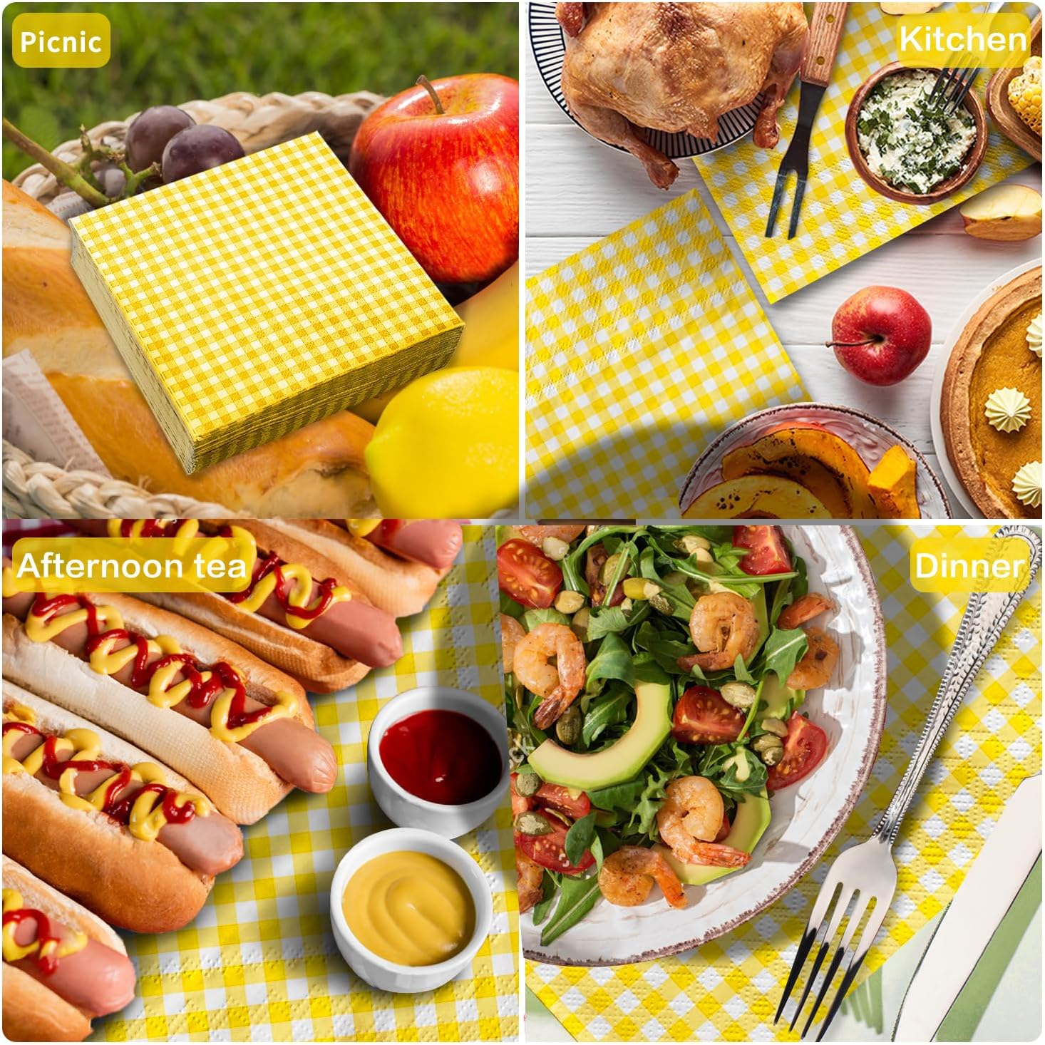 Gatherfun Party Supplies, Disposable Paper Napkins Yellow and White Gingham Napkins for Easter Party（3-ply, 6.5X6.5 in, 50-Pack) image 3