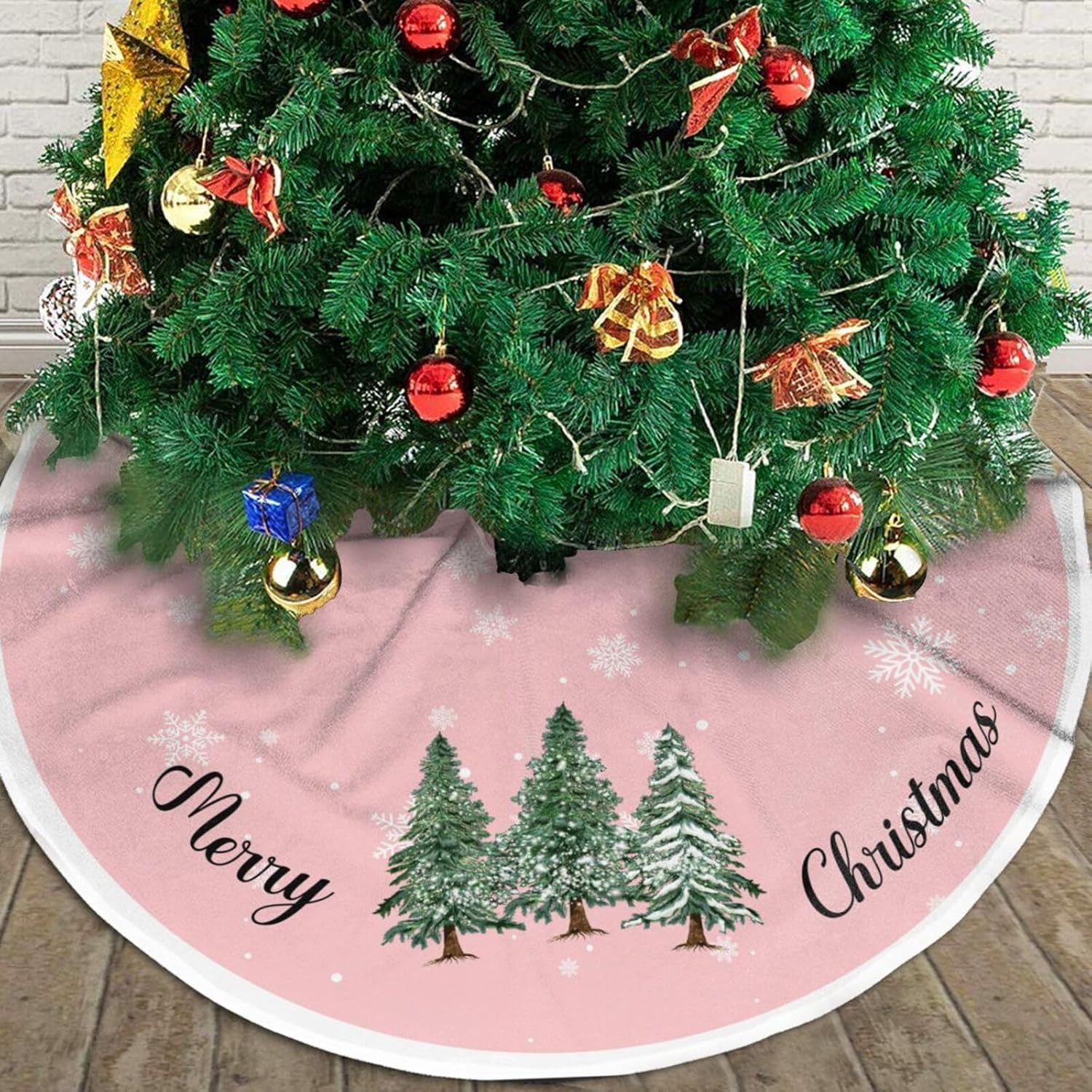 Pink Christmas Tree Skirt with White Snowflake Christmas