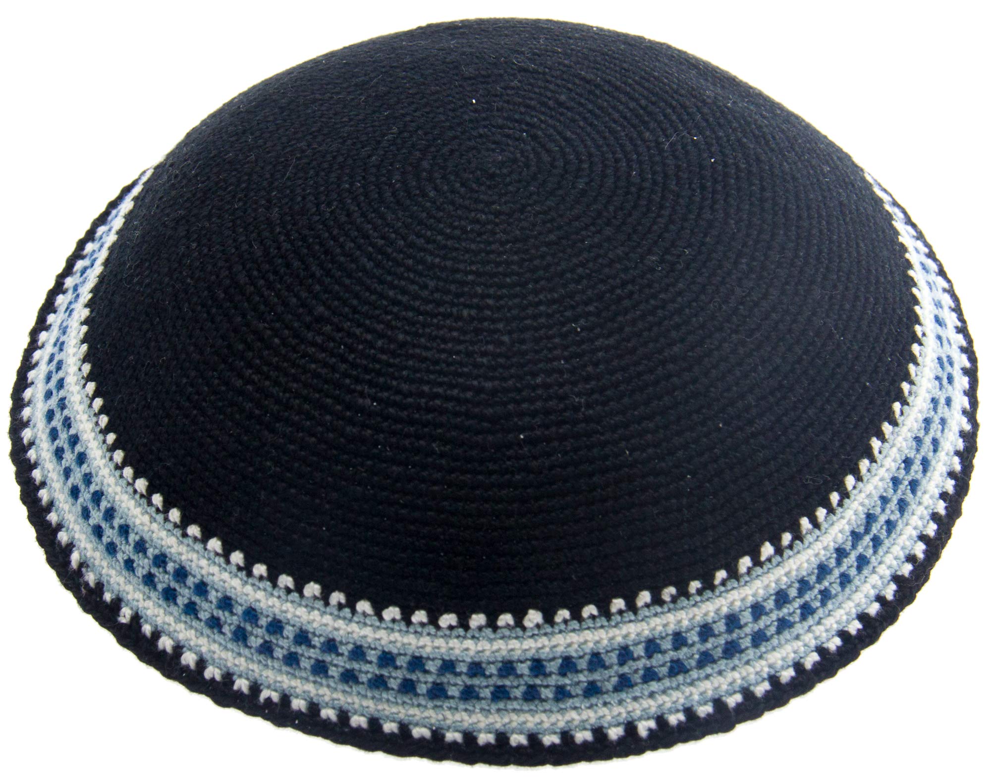 Large Size Hand Made 100% Cotton DMC Hand Knitted Kippah Hat from Israel, Yamaka Jewish Hats for Men, Yarmulke Hat (Black Grey, 19cm-7.5inch)