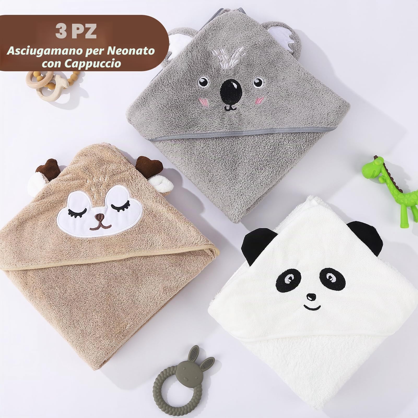 3 asciugamani da bagno con cappuccio per bambini, asciugamano per bebè, asciugamano per neonato, asciugamano da bagno per piscina, 80 x 80 cm, mantello da bagno 0-5 anni, cachi, bianco, GR