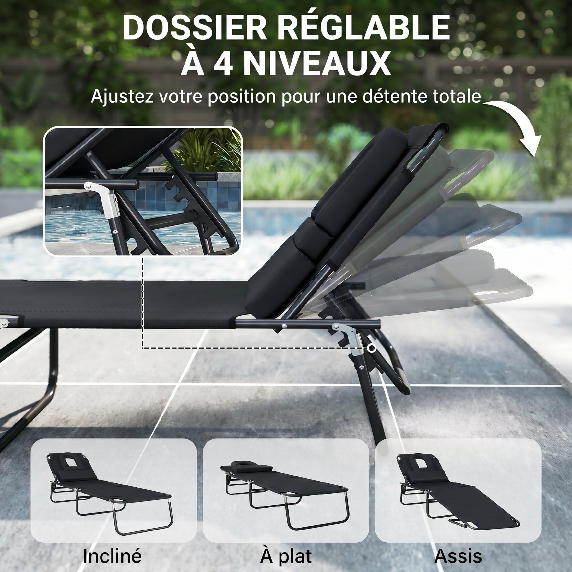 HOMCOM Transat de Jardin Chaise Longue Pliante Bain de Soleil Noir